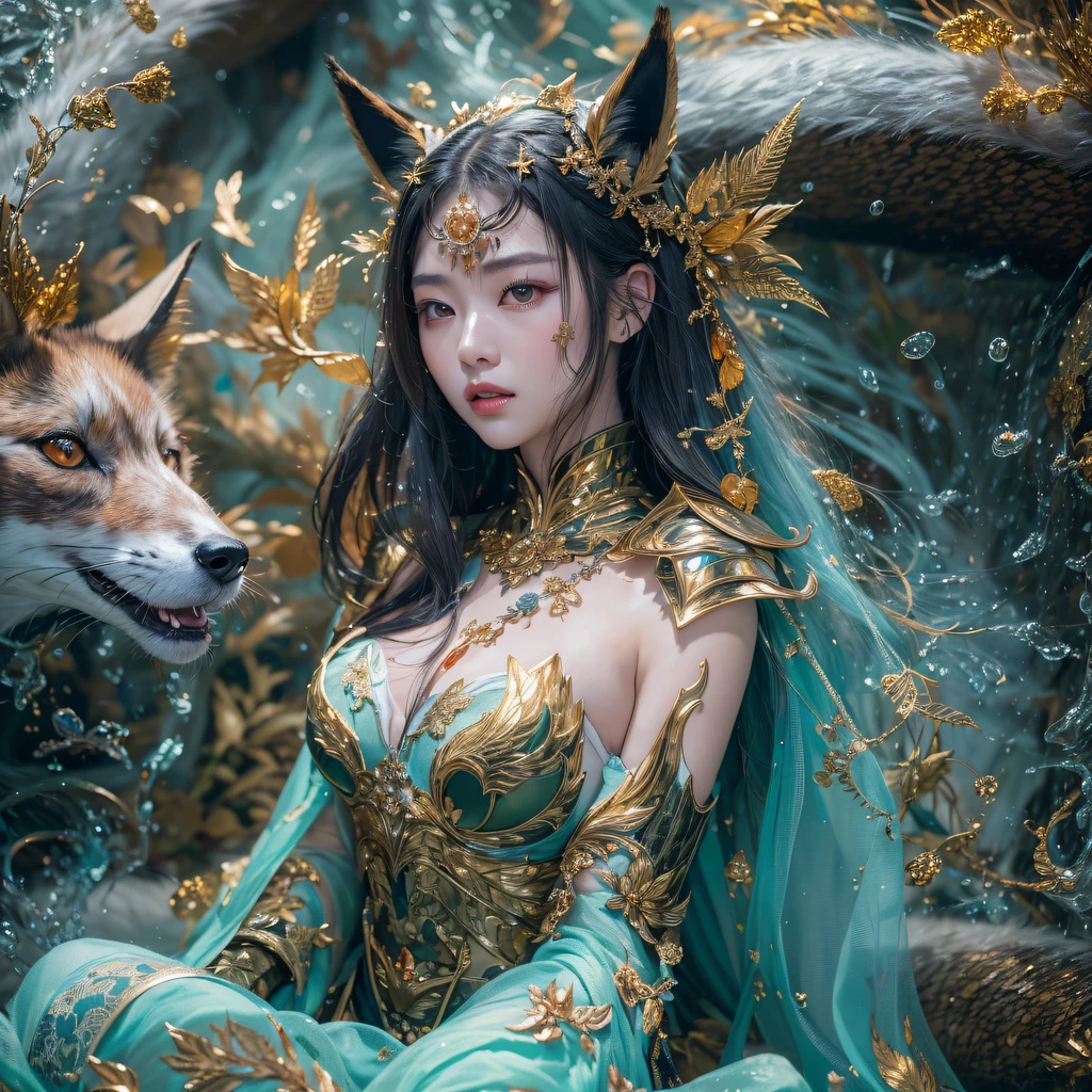 Flying Nine-Tailed Light Blue Sky Division Flame Long-haired Fox Star，een Erotica，Torch night black golden orange brocade silk snake print silk pants，Rouge diamond tulle sheer lizard-patterned leggings，Fat Girl Space Fly in the Snow 1:900 miniatures，Front view，Pure transparency，Wear boxing gloves，Wear thick-framed reflective sunglasses with gold wire，Panorama ultra-wide angle，extremely happy，The texture of the real person is delicate，Strong visual impact，hyper-detailing，Dream girl，Refined face，prettyeyes，Hair strands float in the air， cherry Models，Zhou Xiaotong，crystal-clear，Good sense of perspective，Light and shadow effects，16K smooth，Surface reflected light，Flowing black hair，Water Goddess 32K，复杂，ellegance，highly  detailed，A majestic，Digital photography，Autumn cowboy shot，surrealism painting，Broken rubies，Beating magic，Entwined water magic，（tmasterpiece，Cinematic light，Fine beautiful eyes：1.2），hdr，Void 5 Energy Storm，(China 1 girl，Black eyes:1.5），Rouge skin，Glowing skin，(sitting on the stone：1.5），delicated face，Black color hair，Put on palatial gold armor，cropped shoulders，，short  skirt，Beautiful golden armor，Rained，big breasts beautiful，looking at viewert，Face away from the camera，tmasterpiece，Lateral face,Side portrait close-up