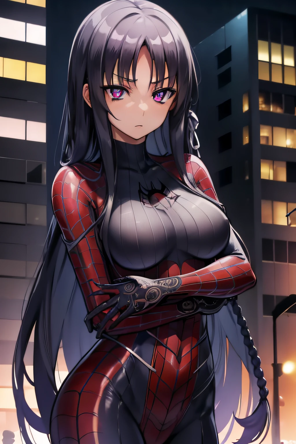 suzunehorikita, suzune horikita, black hair, braid, long hair, purple eyes, in spiderman suit, in the city, best quality, high resolution, unity 8k wallpaper, (illustration:0.8), (beautiful detailed eyes:1.6), extremely detailed face, perfect lighting, extremely detailed CG, (perfect hands, perfect anatomy),