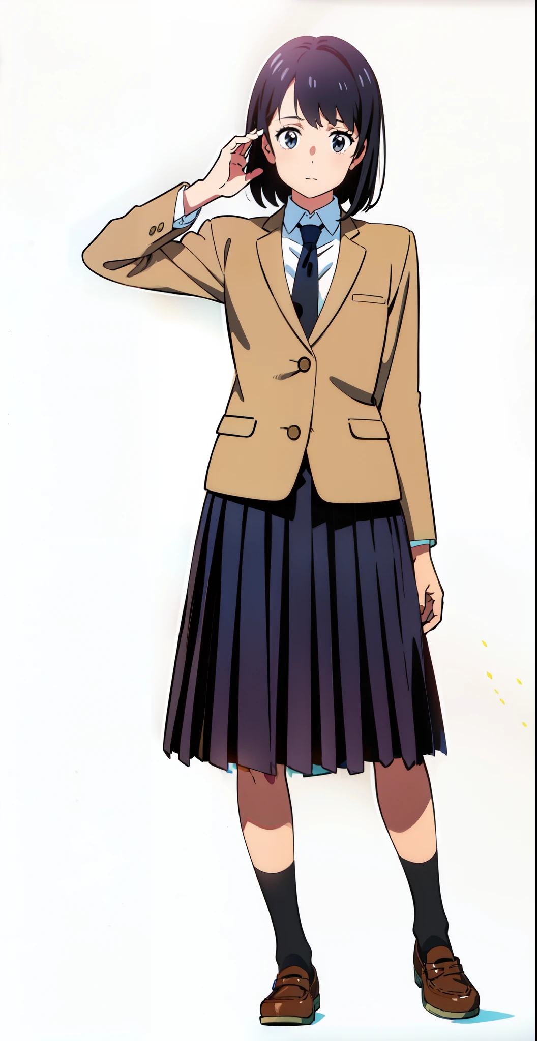 (raise arm:1.0), (white background:1.1), (best quality:1.1), (masterpiece:1.1), (full body:1.0), (solo:1.0), (a 18yo cute girl:1.0), (long skirt:0.9), (dark blue skirt:1.0), (pleated skirt:1.2), (school uniform beige blazer:1.0), (dark blue necktie:1.0), (black socks:1.0), (loafers:1.0), (lanky:1.1), (tall:1.1), (slender:1.1), (small breasts:1.1), (detailed beautiful eyes:1.0), (detailed beautiful face:1.0), (glowing black eyes:1.0), (short hair:1.0), (strait hair:1.0), (black hair:1.0)