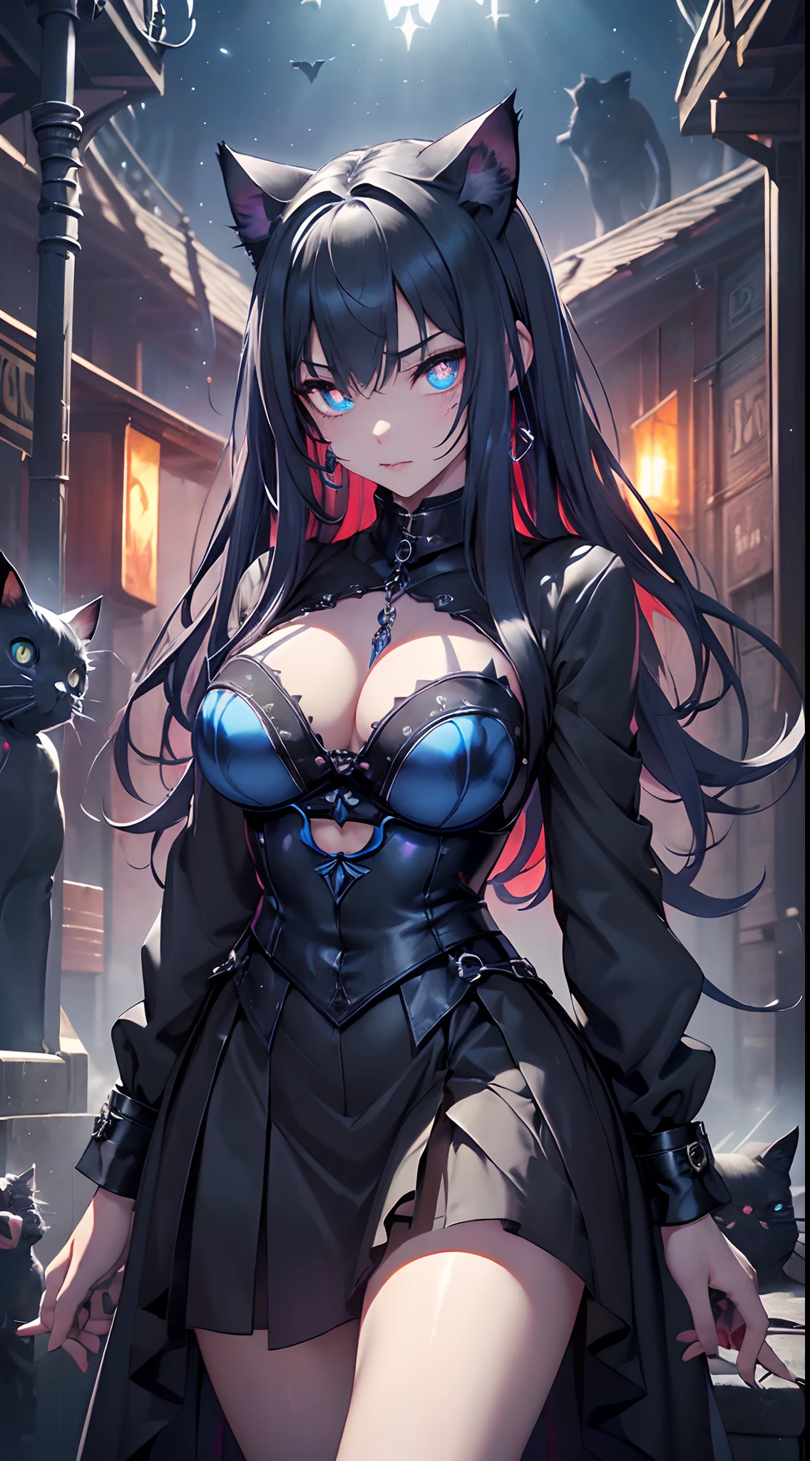 top-quality、Top image quality、masterpiece、8K, girl with, ((unreal enginee 5)), lifelike rendering, excellent, CGI Mix, (Photorealism:1.2), Photorealistic, Bokeh, Motion Blur, masutepiece, hight resolution, Super Detail, Textured skin.((18year old、Dark clothing、Dark bra、Dark skirt、 Best Bust、Blue eyes、((Cat-like pupils:1.4))、open chest wide、Valley、Happiness、A slender、Provocative behavior、Evil face、Handcuffed、High laughter、Skull Tattoo、Tattoo of roses、Targeting your audience、Tighten blue rose hair、Aura of Darkness,Dark Forces,blue flames、Chain Accessories、Black wings、Black manicure、Black whip、Wearing the Vibration of Darkness))hiquality、Beautiful Art、Background with((prison、Dark impression、nightcity,Red sky、Many bats、many chains、the magma、Bright red earth))、masutepiece、Elaborate design、visualart、dark art