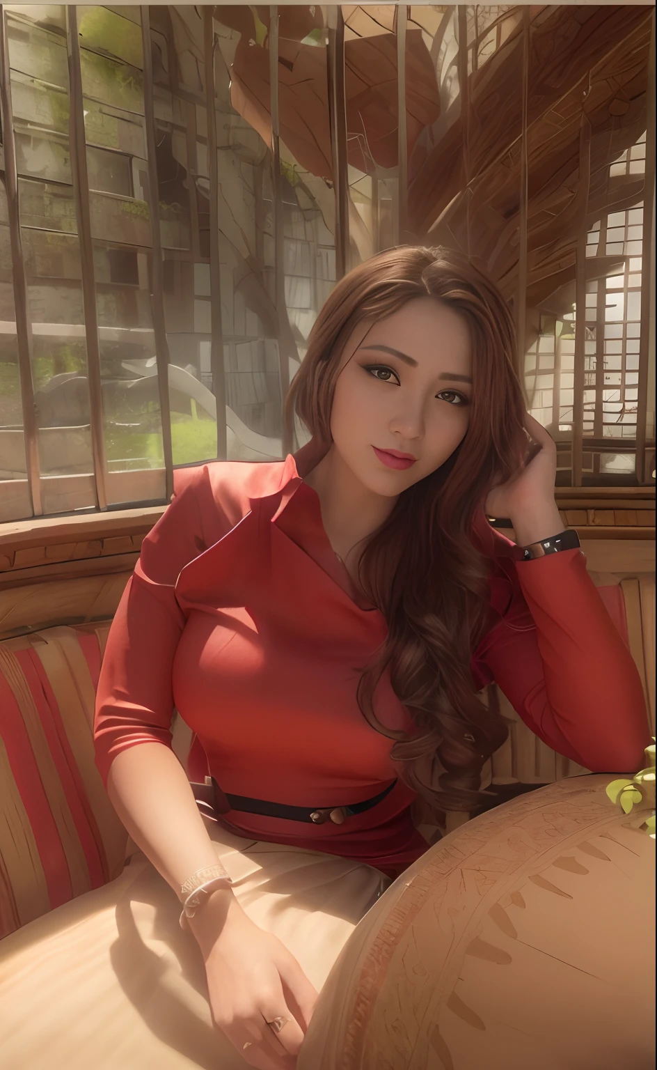 Masterpiece, Best Quality, 3D Rip Artwork, 3DMM Style, Close-up, Portrait, Realism, a woman beautifully makeup, eyeshadow, Parted Lips, Challenge Eye, beautiful big eyes, long eye lashes, wearing ((red and black satin headscarf)), (( satin shirt)), ((batik satin long maxi skirt)), strolling on a trail in the spring, garden, river