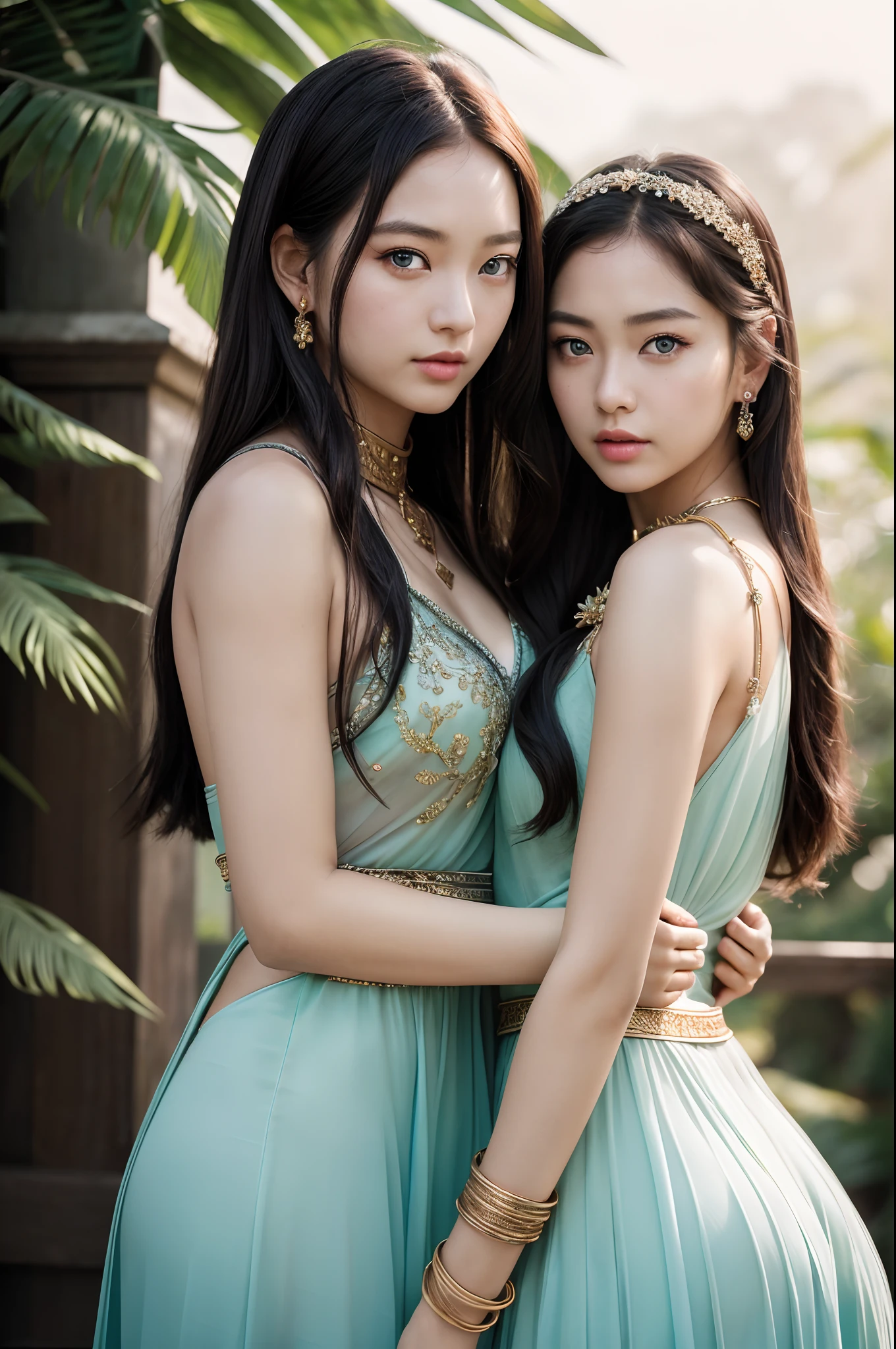2girls,duo,8K Raw photograph,超高分辨率, filmgrain, film,view the viewer, Natural skin texture,Realistic eye and face details,((Realistic:1.5)),Ulzzang-6500:1.4,((Best quality)), ((Masterpiece)),((Detailed)),{2 beautiful women}, (Upper body:1.3),Hug and touch each other, Tease your friend's waist, Breathless friends, Biting a friend's earlobe, crouched,super wide shot,Face focus, Long legs,Curvy, Barefoot,Wide hips, Thin legs, Oversized eyes,Long eyelashes, (Detailed face,beautidful eyes, detailedpupils,detailed clothes features, Clear background:1.3), (armlets, bangle:1.3),bright detail,Sharp,Perfect compounding, Intricate, Sharp focus, Dramatic,