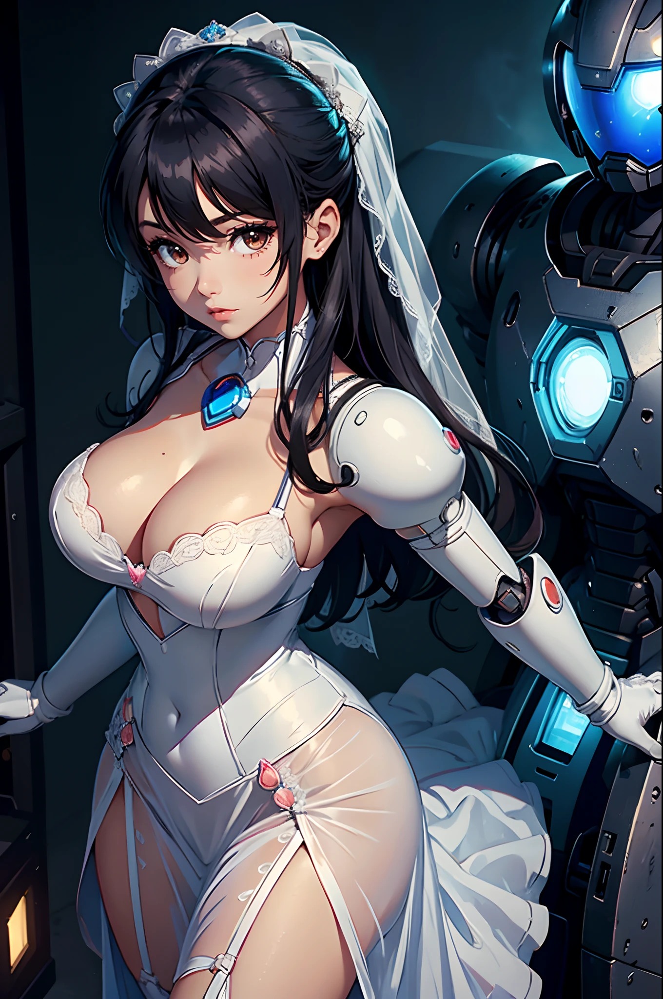 1girl, wedding dress, bride lingerie, long skirt, adorable clothing, large breasts, black hair, brown eyes, beautiful face, mega man x, megaman, video game, android, robot, sexbot, front view, detailed features