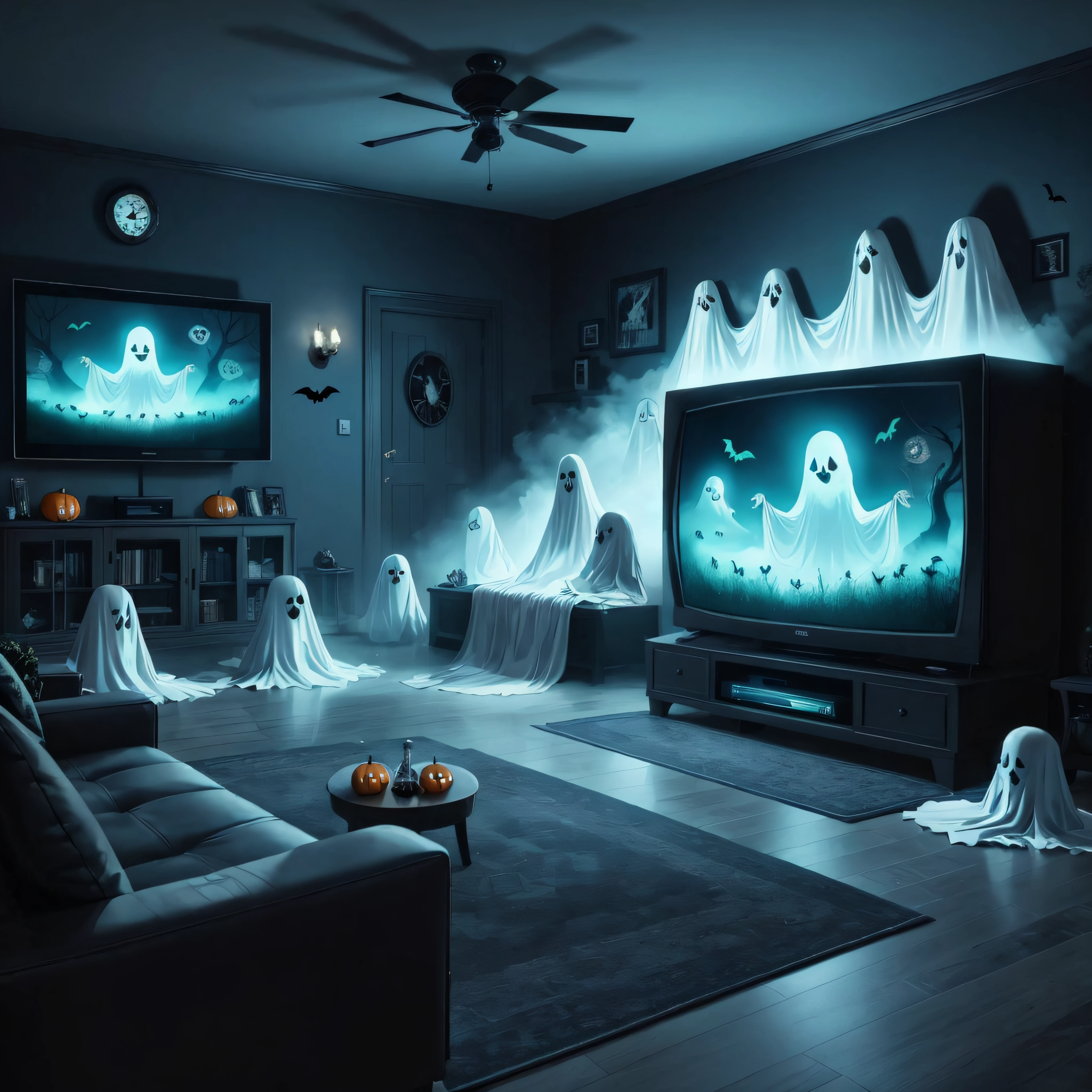 comic a ghost is sitting in front of a tv in a living room, spooky netflix still shot, halloween atmosphere, spooky and scary atmosphere, halloween wallpaper with ghosts, ghost room, 3 d render beeple, hyperreal highly detailed 8 k, haunting and spooky, haunting atmosphere, ghosts in the background, ghosts theme, uncanny and scary atmosphere, halloween scene, ghostly atmosphere . graphic illustration, comic art, graphic novel art, vibrant, highly detailed