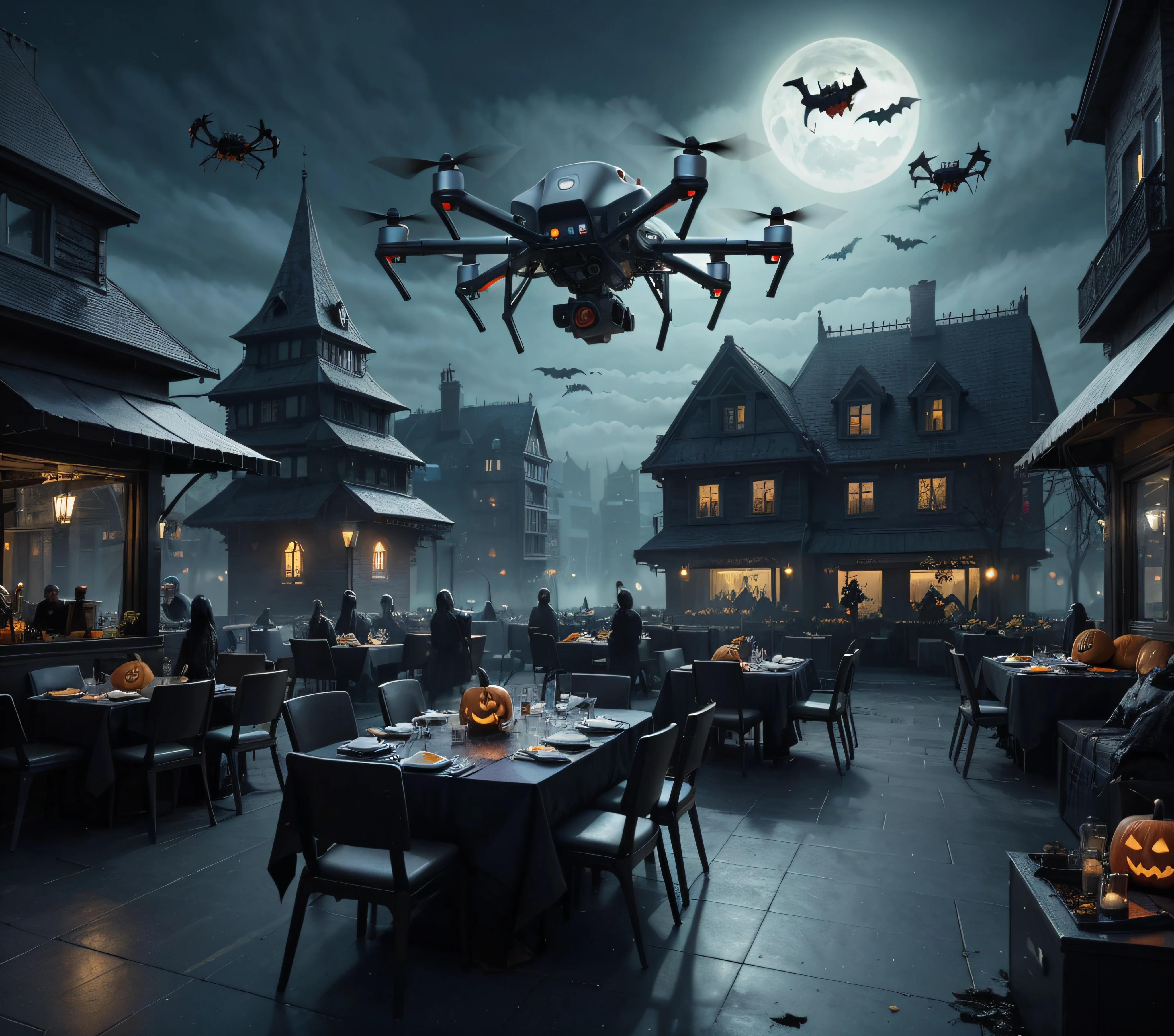 comic (Ultrarealistic:1.3) "halloween drones flying over a restaurant, halloween atmosphere, vfx powers at night in the city, halloween scene, spooky and scary atmosphere, flying drones, drones in the sky, populated with aliens and people, halloween celebration, stylized urban fantasy artwork, rooftop party, skyscrapers and flying cars, spooky halloween night, depicted as a scifi scene, spooky, cg art",(Desaturated:1.3),monster,ugly,surgery,evisceration,morbid,cut,open,rotten,mutilated,deformed,disfigured,malformed,missing limbs,extra limbs,bloody,slimy,goo,Richard Estes,Audrey Flack,Ralph Goings,Robert Bechtle,Tomasz Alen Kopera,H.R.Giger,Joel Boucquemont,ArtStation,DeviantArt contest winner,thematic background . graphic illustration, comic art, graphic novel art, vibrant, highly detailed