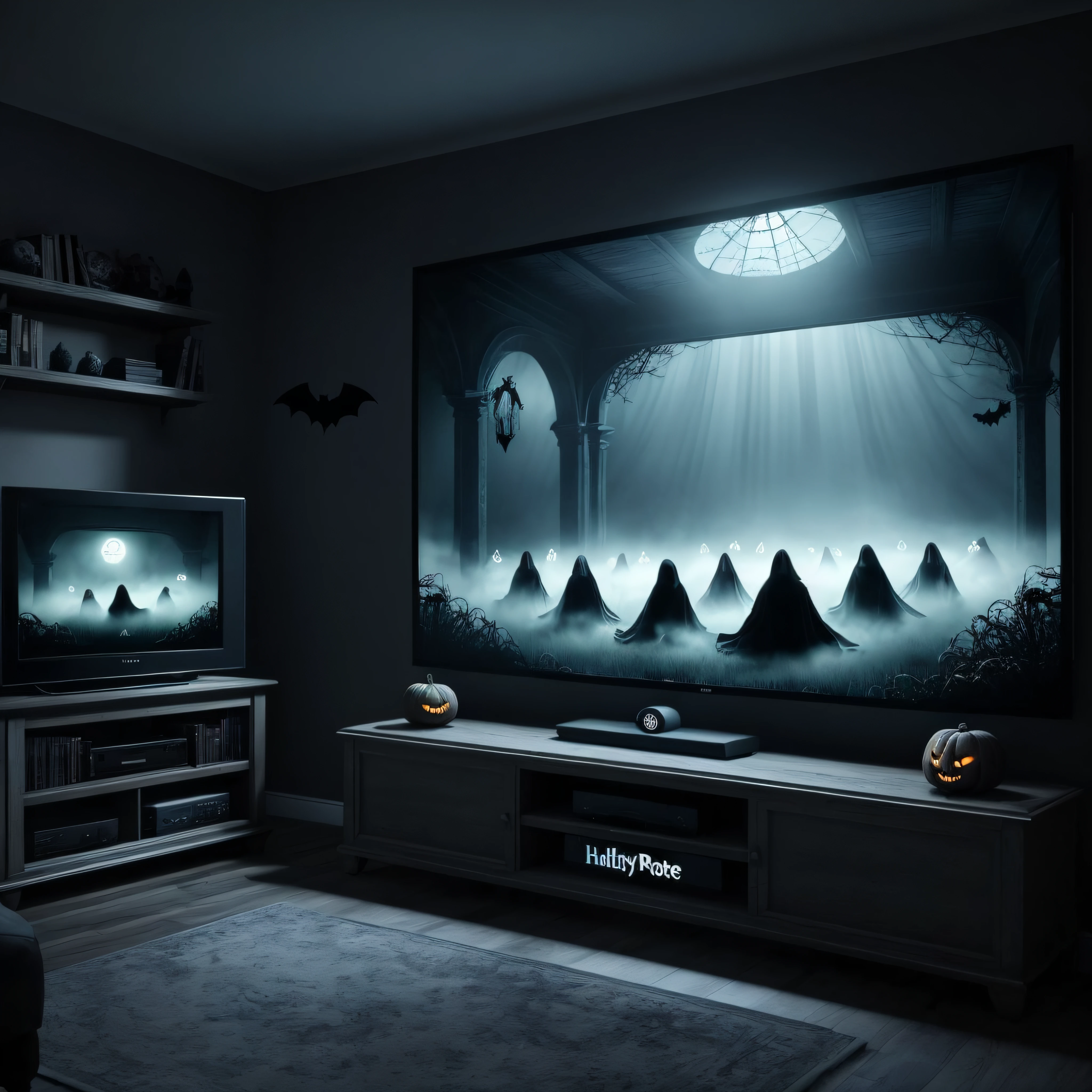 Horror-themed a ghost is sitting in front of a tv in a living room, spooky netflix still shot, halloween atmosphere, spooky and scary atmosphere, halloween wallpaper with ghosts, ghost room, 3 d render beeple, hyperreal highly detailed 8 k, haunting and spooky, haunting atmosphere, ghosts in the background, ghosts theme, uncanny and scary atmosphere, halloween scene, ghostly atmosphere . Eerie, unsettling, dark, spooky, suspenseful, grim, highly detailed