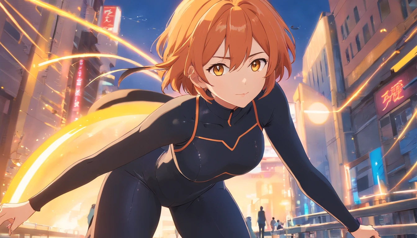 (best quality, highres:1.2),realistic,portrait,orange hair,curvy body,big breasts,big butt,black catsuit,yellow eyes,thick and large thighs,short bob hairstyle