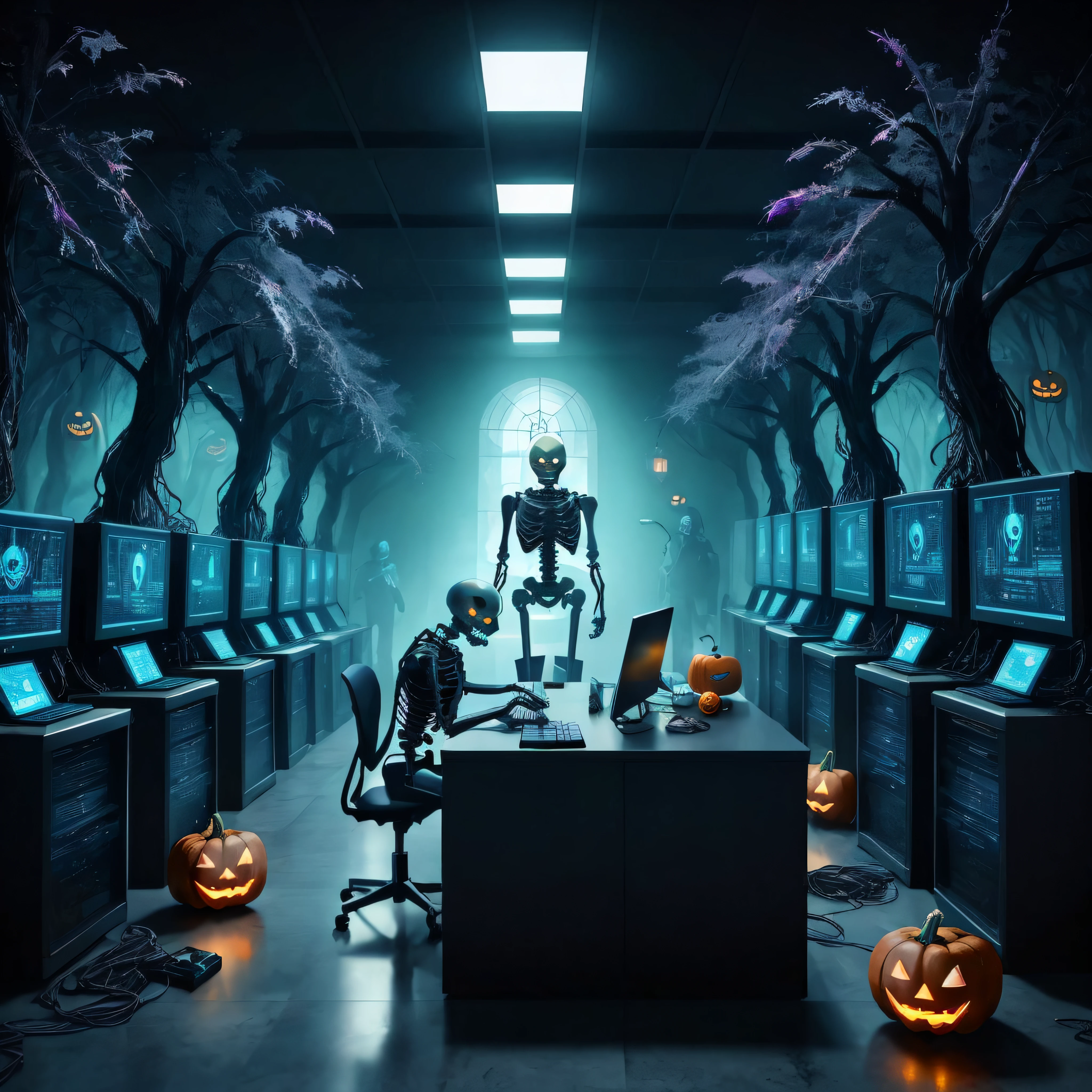 Surrealist art halloween in the office with robots and pumpkins, cyber skeletons, halloween atmosphere, cyber skeleton, an alien working on a computer, cyber space, cyber western, robot in a server room, cyber space forest scene, spooky and scary atmosphere, cyber steampunk 8 k 3 d, halloween scene, halloween theme, cyberpunk hacker, cyber installation, hacking into the mainframe . Dreamlike, mysterious, provocative, symbolic, intricate, detailed