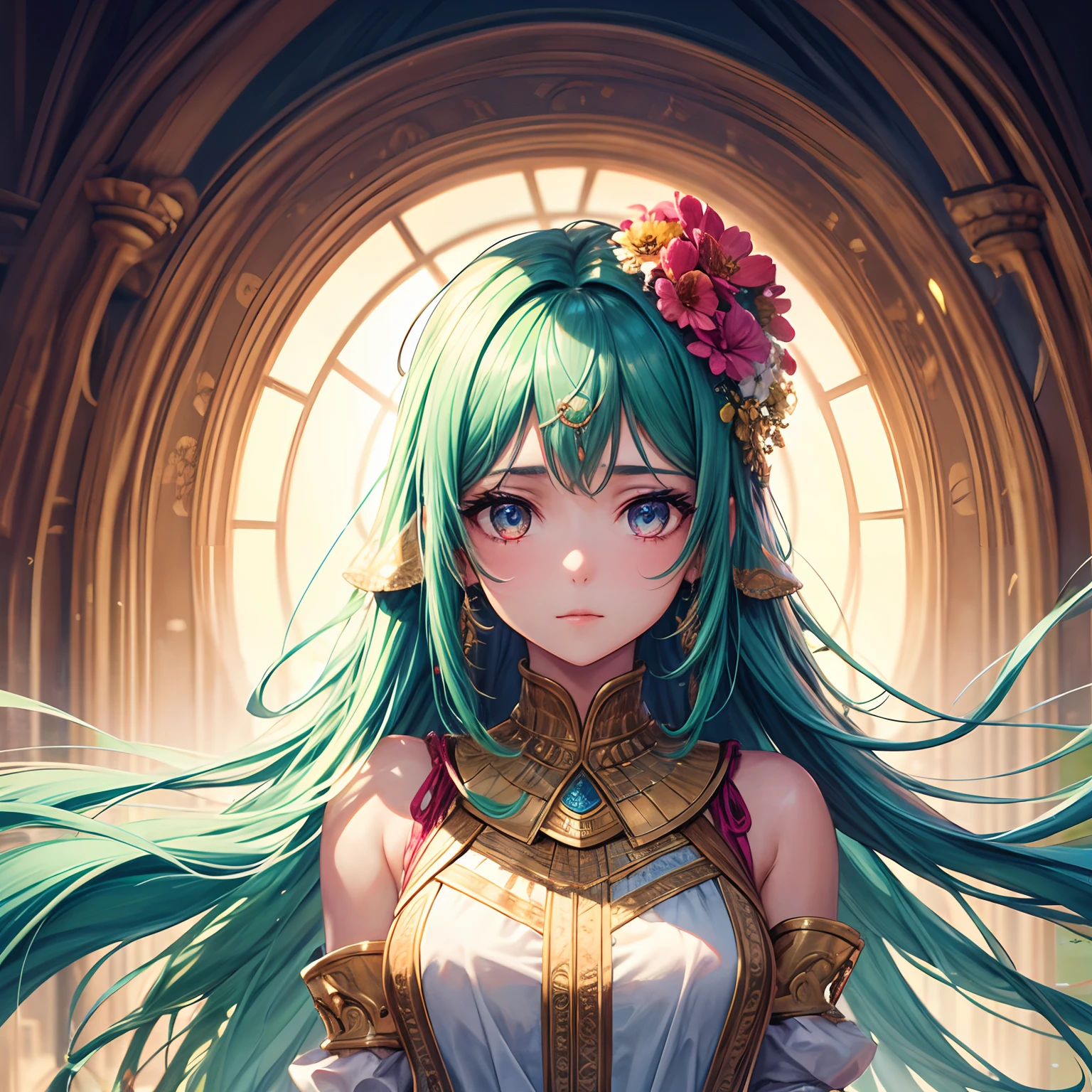 ((masuter piece:1.5)),((Finest quality)),(super precision),8k picture,Top quality anime,Highest level of resolution,sharpnes,Clear,Fantastic background:1.4,((perfect anatomia:1.5)),(Perfect depiction, Unbroken body:1.5),Detailed down to the smallest detail,Phenomenal depiction,((1goddess),(a blond)),(Beautiful and neat face),((Beautiful shiny emerald green eyes),huge tit,Slim body,pretty skin,(A slight smil),(Ancient Greek clothing with detailed details:1.7,),(Circlet embedded with clear orange gemstones)