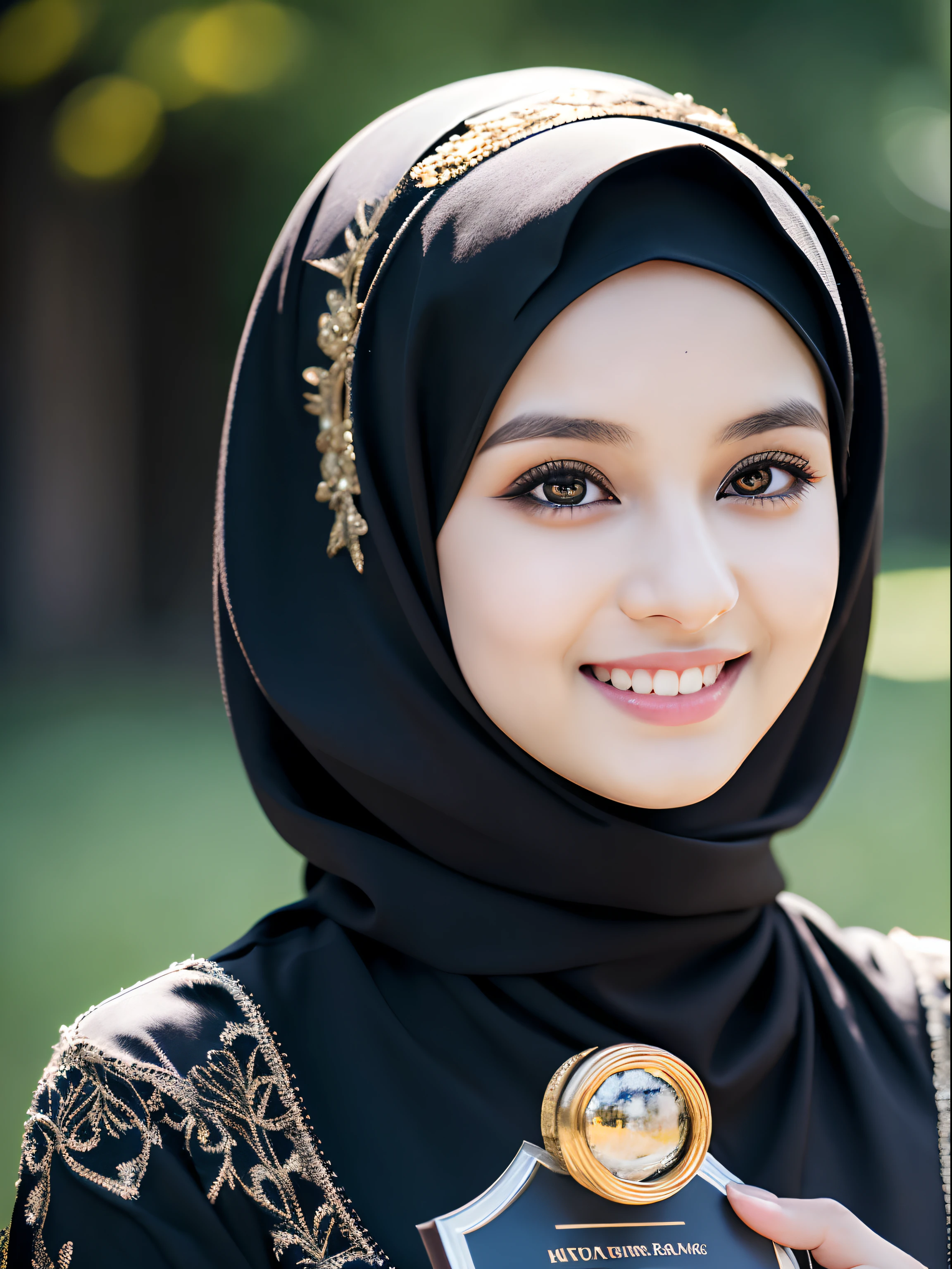 a beautiful girl, extremely detailed beautiful face, wearing hijab no hair looks, black, grin, gothic setting, high detailed eyes make up, bright eyes,(((looking at viewer))), depth of field, best quality, masterpiece, highres, highly detailed, award winning