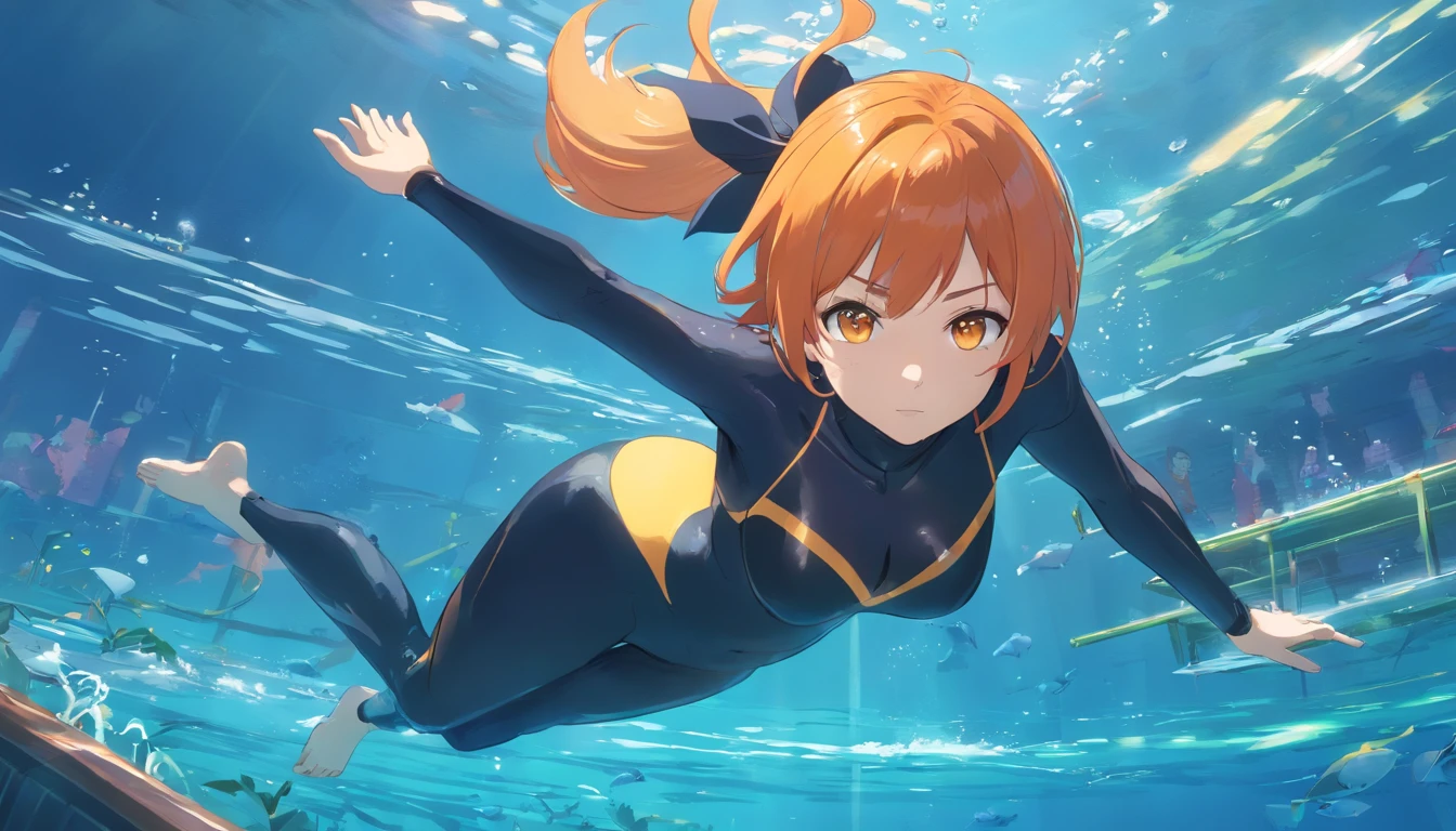 1 female、Orange hair、huge tit、Big ass、Black catsuit、yellow eyes、thick and large thighs,、Short Bob、under the water、swim