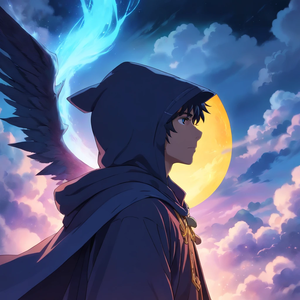 A high-fantasy portrait of a hooded male dark being with luminous spectral wings that are made of glowing light. Surrounded by shadowy clouds and mist.