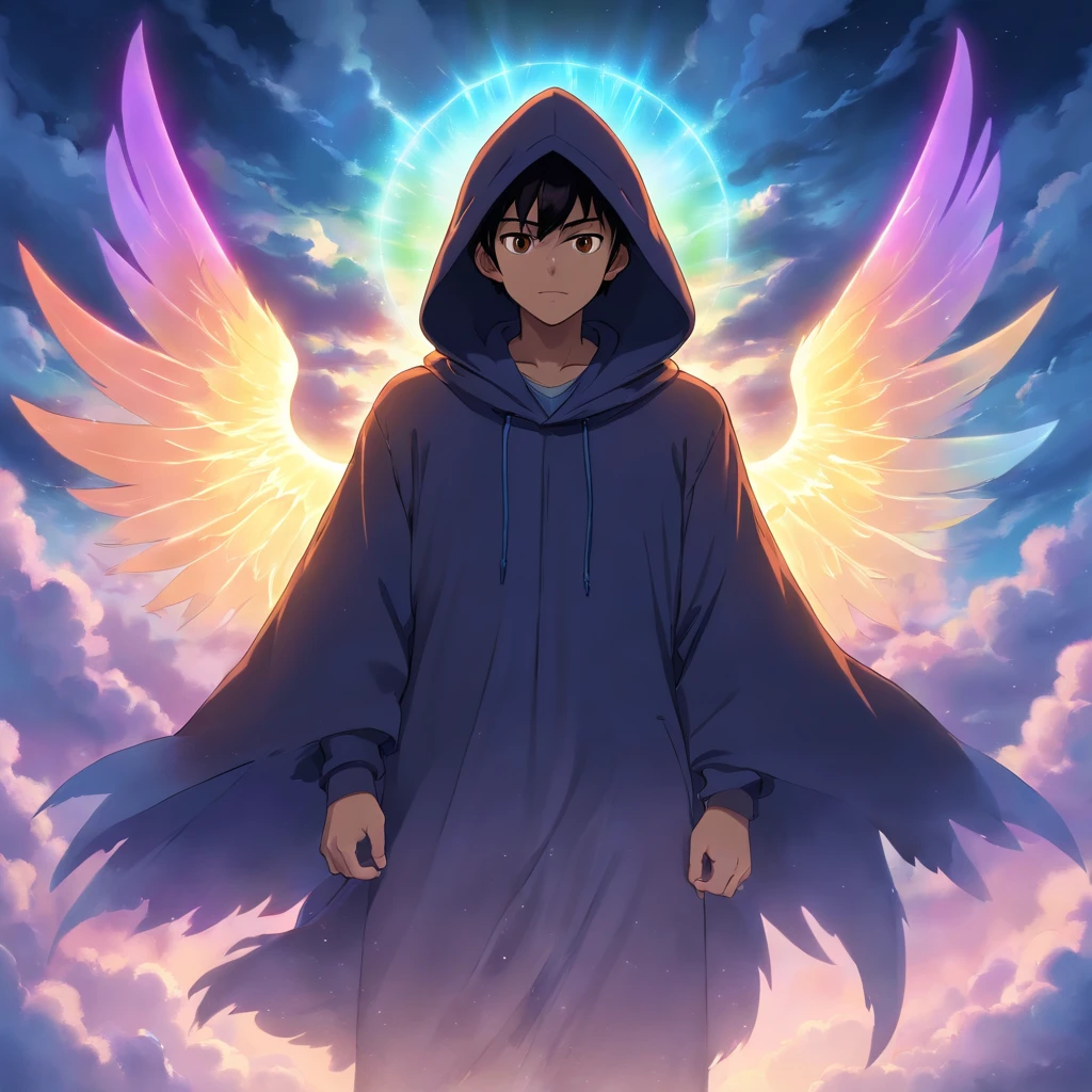 A high-fantasy portrait of a hooded male dark being with luminous spectral wings that are made of glowing light. Surrounded by shadowy clouds and mist.