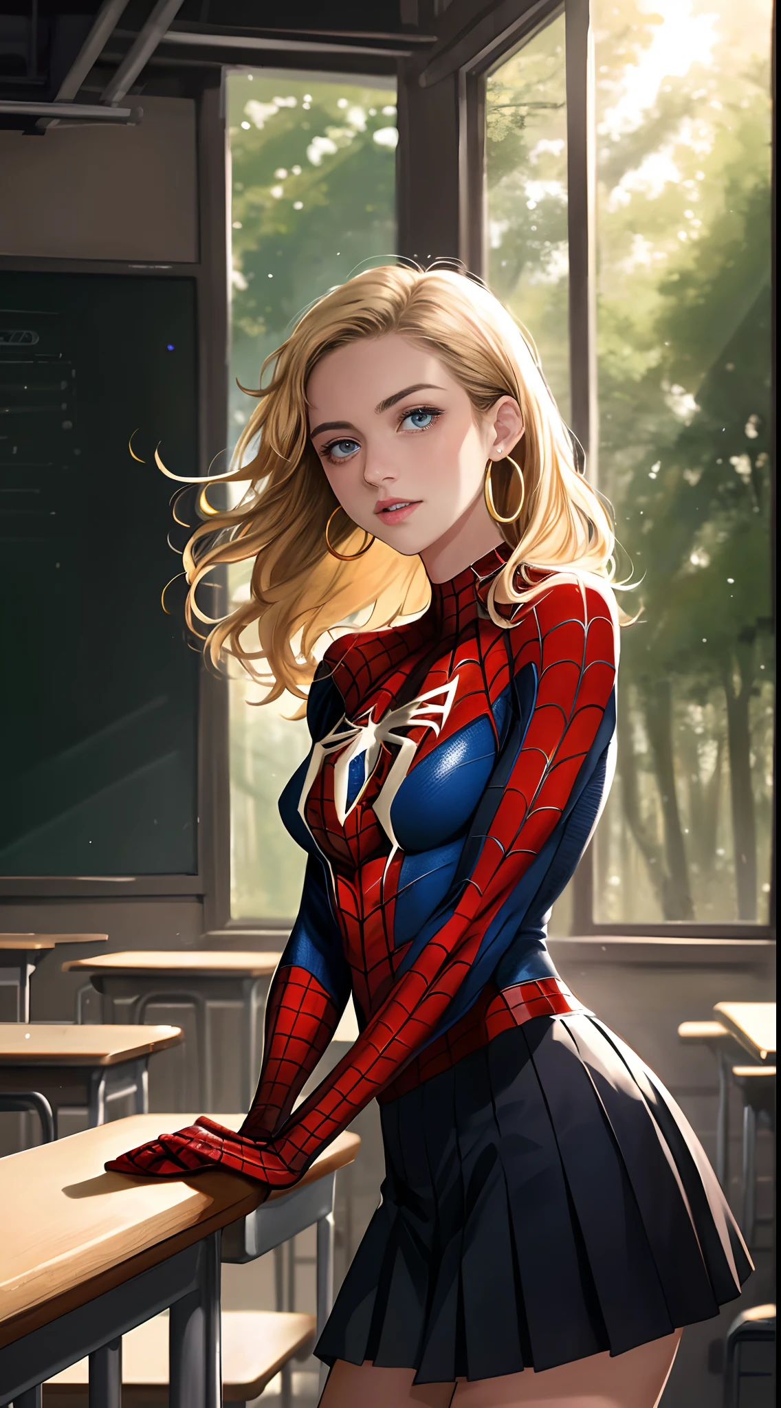 ((Peter Parker in spiderman uniform)), girl body, model body, big blue eyes, small breasts, long legs, medium hoop earrings, spiderman uniform, tiny pleated skirt, low angle shot, skin very white, long hair, wavy hair, blonde hair, school in the forest, classroom, photorealistic, indirect lighting, volumetric light, specular light, ray tracing, hyperdetailed, best quality, ultra-high resolution, HDR, 8k, focus soft mist