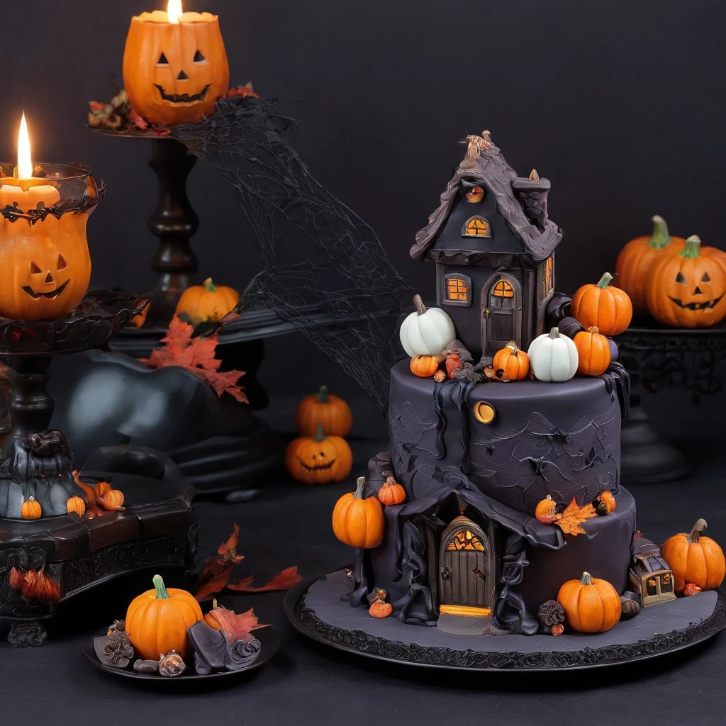 (The best-selling Halloween themed cake), (Beautifully decorated), (Looks delicious), (Vibrant colors), (Festive atmosphere), (Detailed icing), (a lit candle), (Trick-or-treat ornaments without sugar), (Children dressed up), (jack-o-lanterns), (Spooky and seductive), (Autumn leaves), (Festive desserts), (Festive celebrations), (Mouthwatering), (Bright orange), (Warm and comfortable atmosphere), (Happy smile), (Party atmosphere), (Haunted house decoration), (Chocolate ganache), (Spooky fudge ornaments), (Striking core ornaments), (A fun-filled party), (Happiness and joy), (Seasonal decorations), (Creative toppings), (Mouthwatering texture), (intricatedesign), (Traditional Halloween elements), (Storytelling cake), (Playful and festive), (Enchanting Halloween night), (Whimsical characters), (Sweet indulgence), (hood memories), (Terrible and delicious), (Spooky atmosphere), (Delicious layer), (The atmosphere of celebration), (Creepy reptile ornaments), (A fun-filled party), (The delicacy of sin), (Autumn treats)