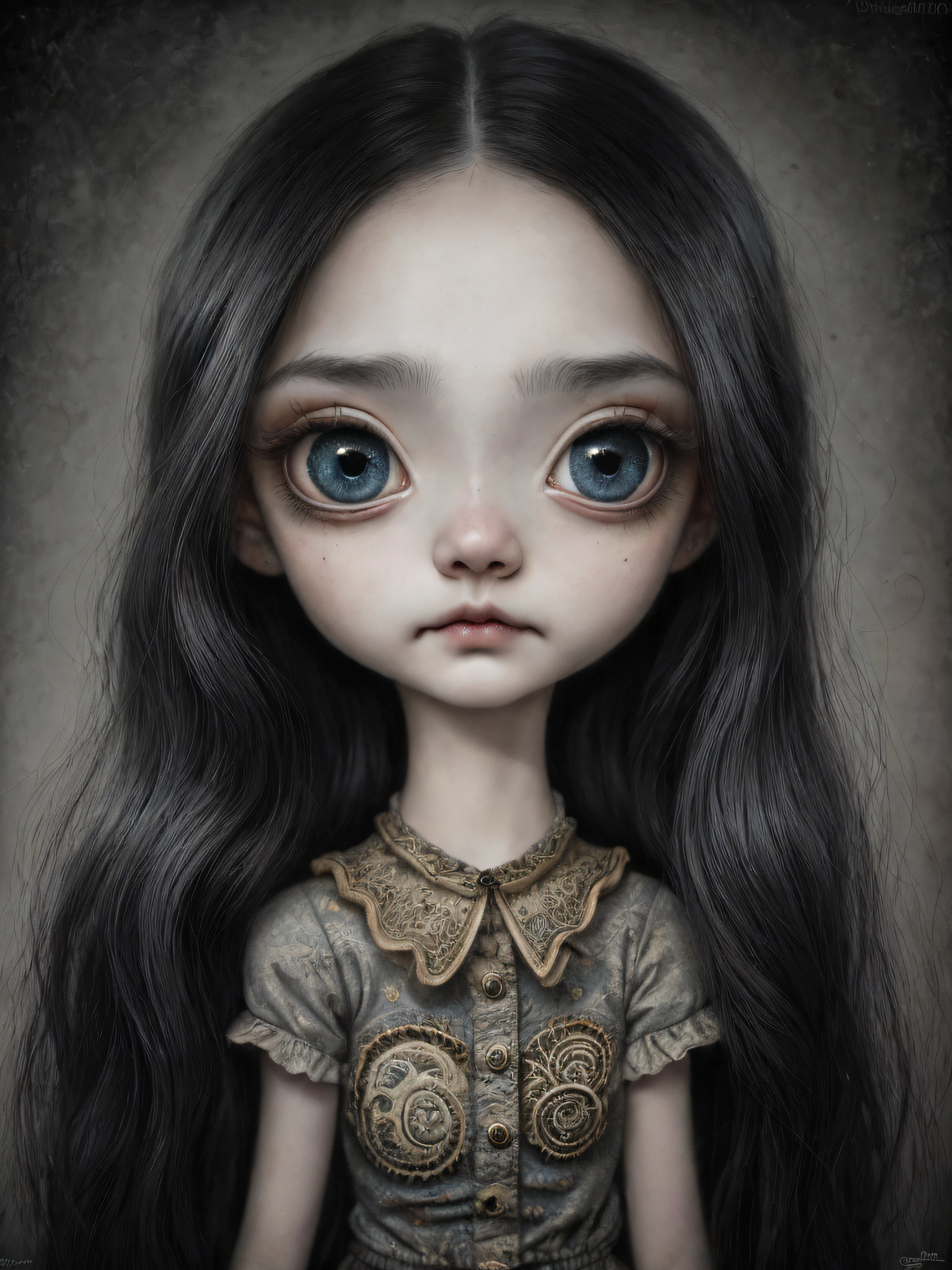 Un primer plano de una chica muy triste con el pelo largo (rubio) y los ojos grandes y azules, Anton Semenov, Mark Ryden muy detallado, Estilo Mark Ryden, Mark Ryden en el estilo de, Estilo de Mark Ryden, inspirado por Mark Ryden, Naoto Hattori, Adorable pintura digital, cara linda. DarkFantasy, Estilo Wlop Loish y Clamp