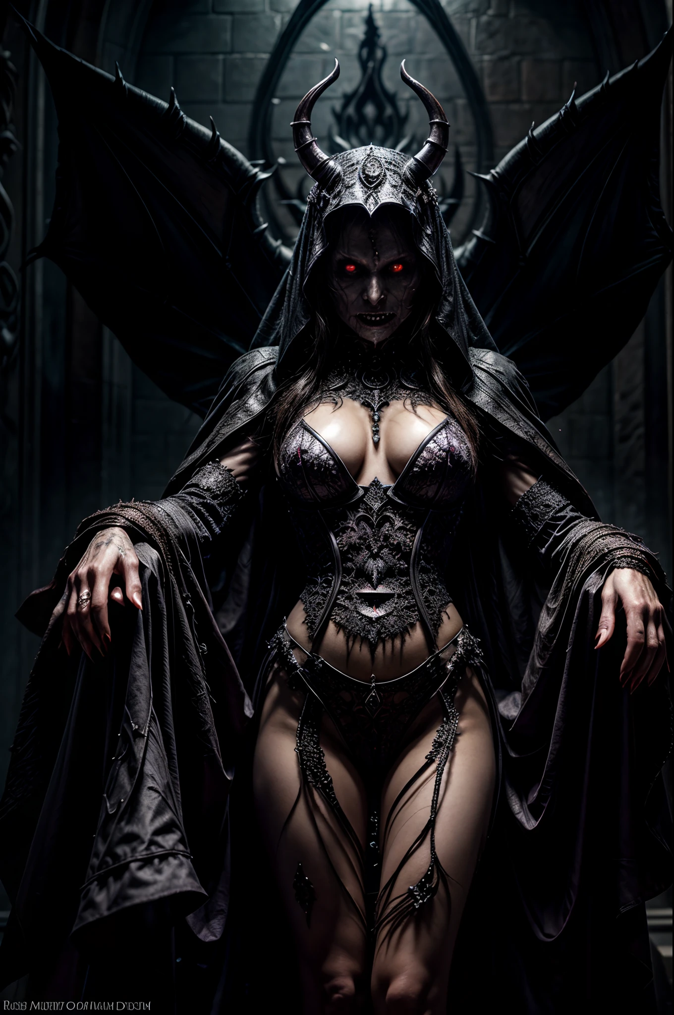 The possesed Demonic Lich Queen, fantasy, extremely detailed, intricate detail, award winning portrait, crystal clear image, intricate details, scary, eerie, levitating, glowing eyes, razor teeth