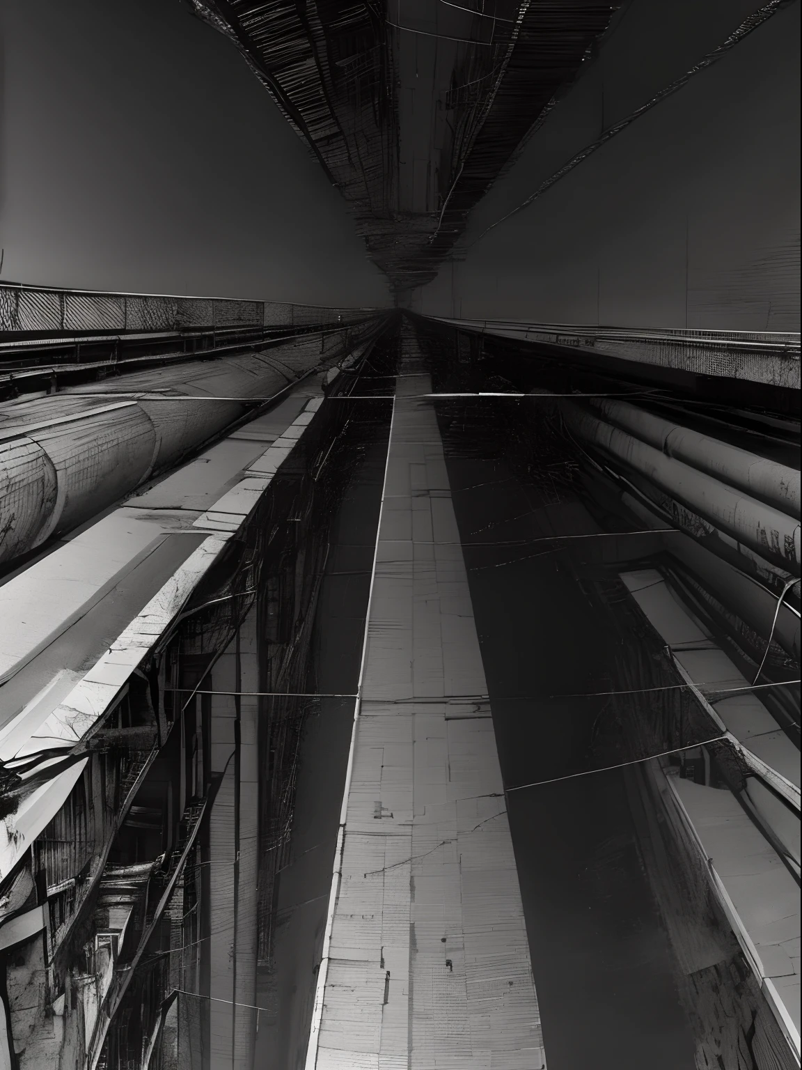 Panoramic view of the train station where several trains are parked, Looking up at the perspective, vanishing point perspective, long perspective, view up, distorted perspectives, Extreme Space Photography, Perspective from Below, arhitectural shot, Looking up, looking from slightly below, industrial photography, Ultra-extreme photos, megastructures, Inspired by Thomas Strus, infinitely long corridors