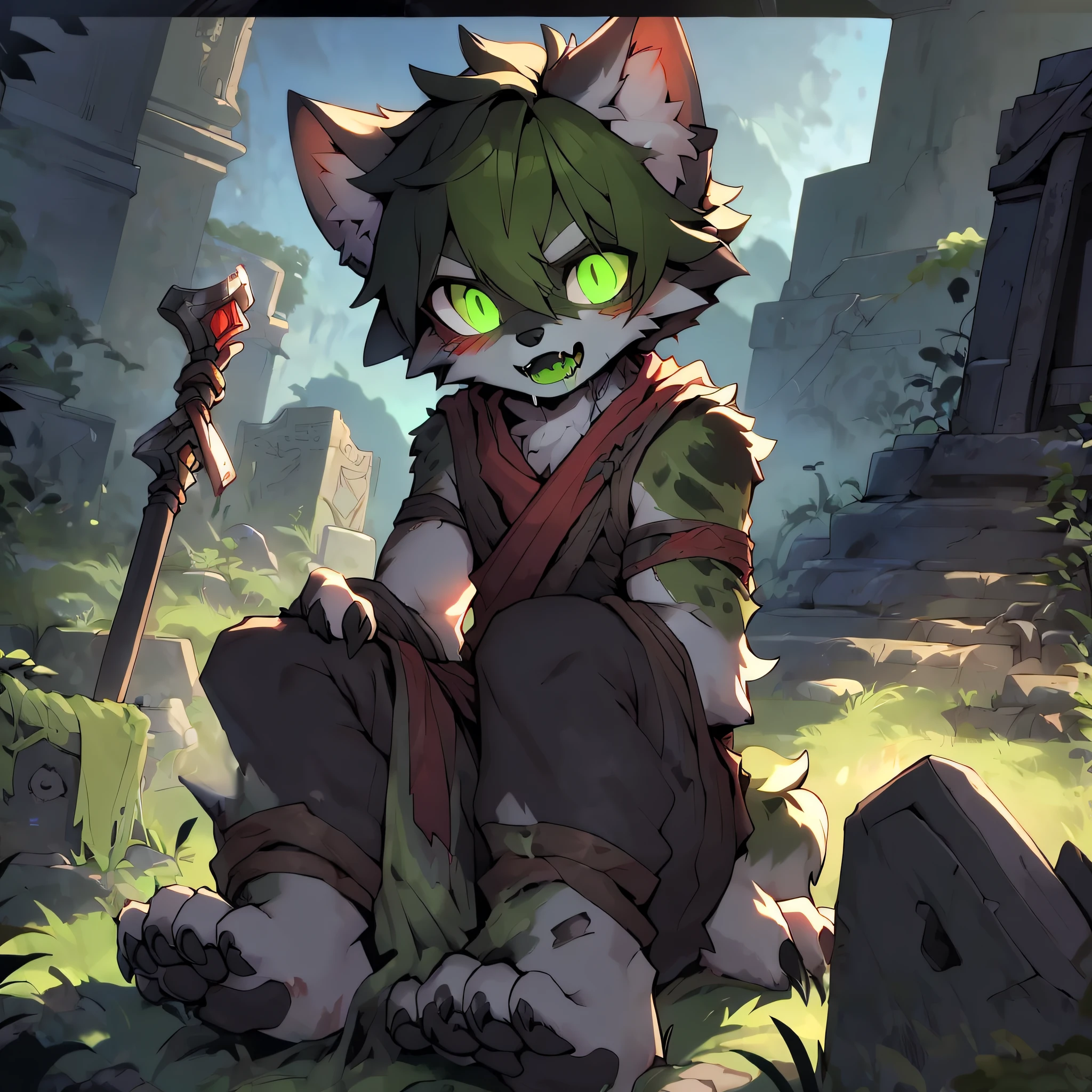tmasterpiece, HighestQuali, gentle illumination, Complicated details, Soft lines, 16k,the night,shadowing,Dark environment, byself, human - shaped,Wolf boy,Shota,hero,zombi,hero zombie,Undead,Broken body,skeletons,Huge wounds,Sharp fangs,Black and fluorescent green tones,Paw pads,wounds,Fluorescent green blood,blood stain,Green tongue,green saliva,dead body,Tattered laundry,Dirty bandages,Plush claws,Paw pads,Fluorescent green pickaxe dyes,Green slime,tombs,burial site