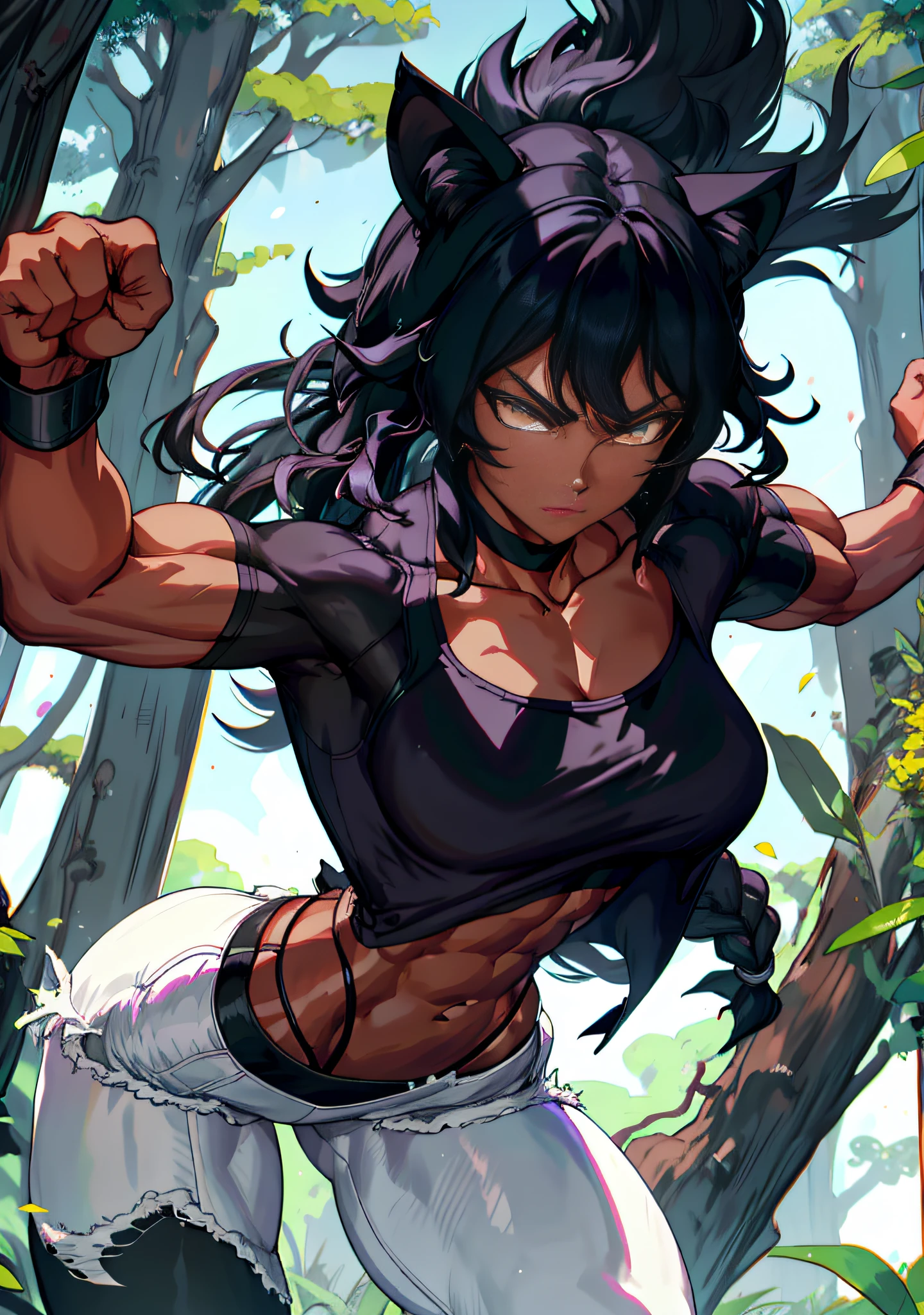 muscular ebony skinned blake belladonna in a martial artist combat pose while being in a forest, powering up, with long black hair and cat ears, Blake having a monkey tail, wearing an open white jacket with a black tanktop underneath, wearing a pair of ripped white shorts with black leggings, this black Blake is by herself.