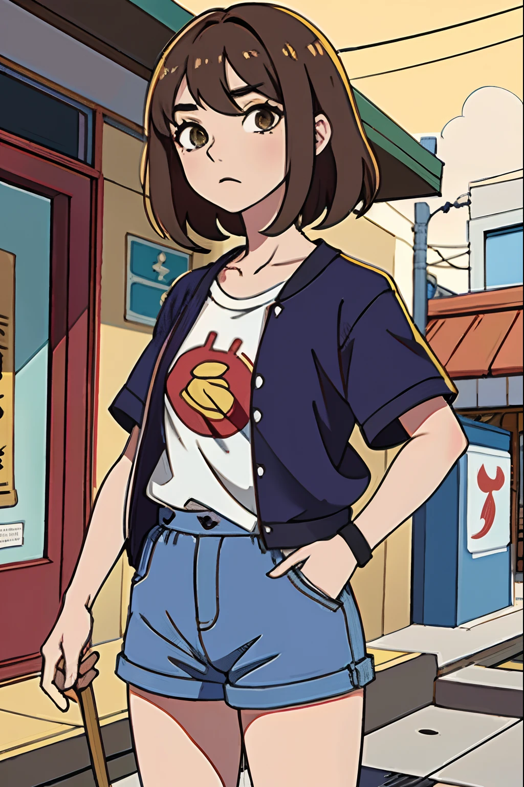 ,La mejor calidad ,pelo largo , Caucasian anime girl max caulfield ,ojos grandes , , brown hair , feliz , , piel suave, , ojos expresivos , , , Camiseta roja de manga larga, short pants , city