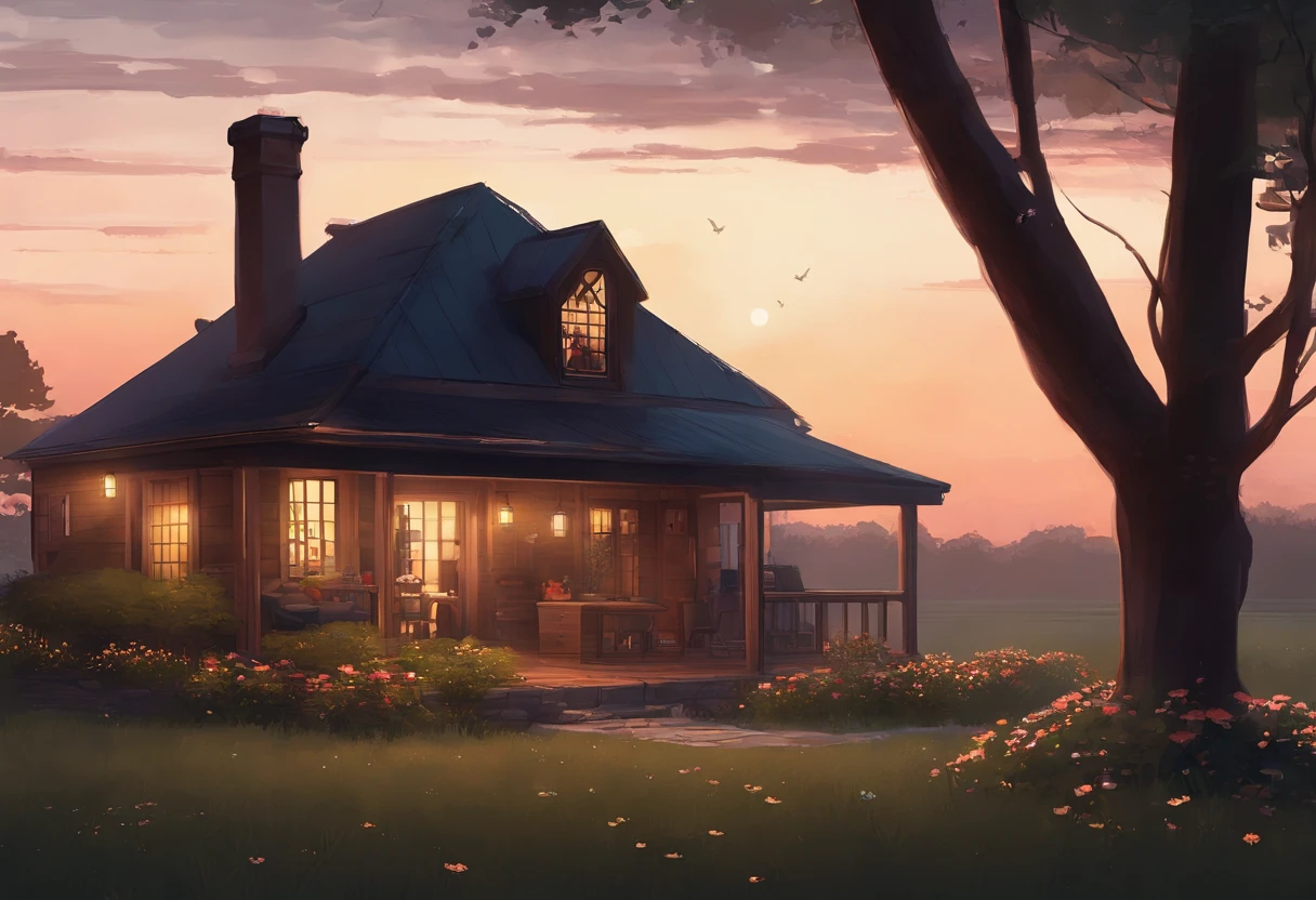 (Best quality),Cosy cottage on a moonlit pasture,On a peaceful night,farm house,Fenced garden,Soft grass,full moon,moonlit sky,Calm atmosphere,Elegant wooden exterior,Fresh air,glistening stars,twinkling fireflies,Sleeping animals,ethereal glowing,Colorful flowers,Abundant trees,peaceful scenery,serene environment,Warm lantern lights,a soothing atmosphere,light breeze,Rustic charm,Subtle shadows,Fantastic tranquility,Magical atmosphere,vintage decor,romantic atmoshere,peacful,Comfort and peace.