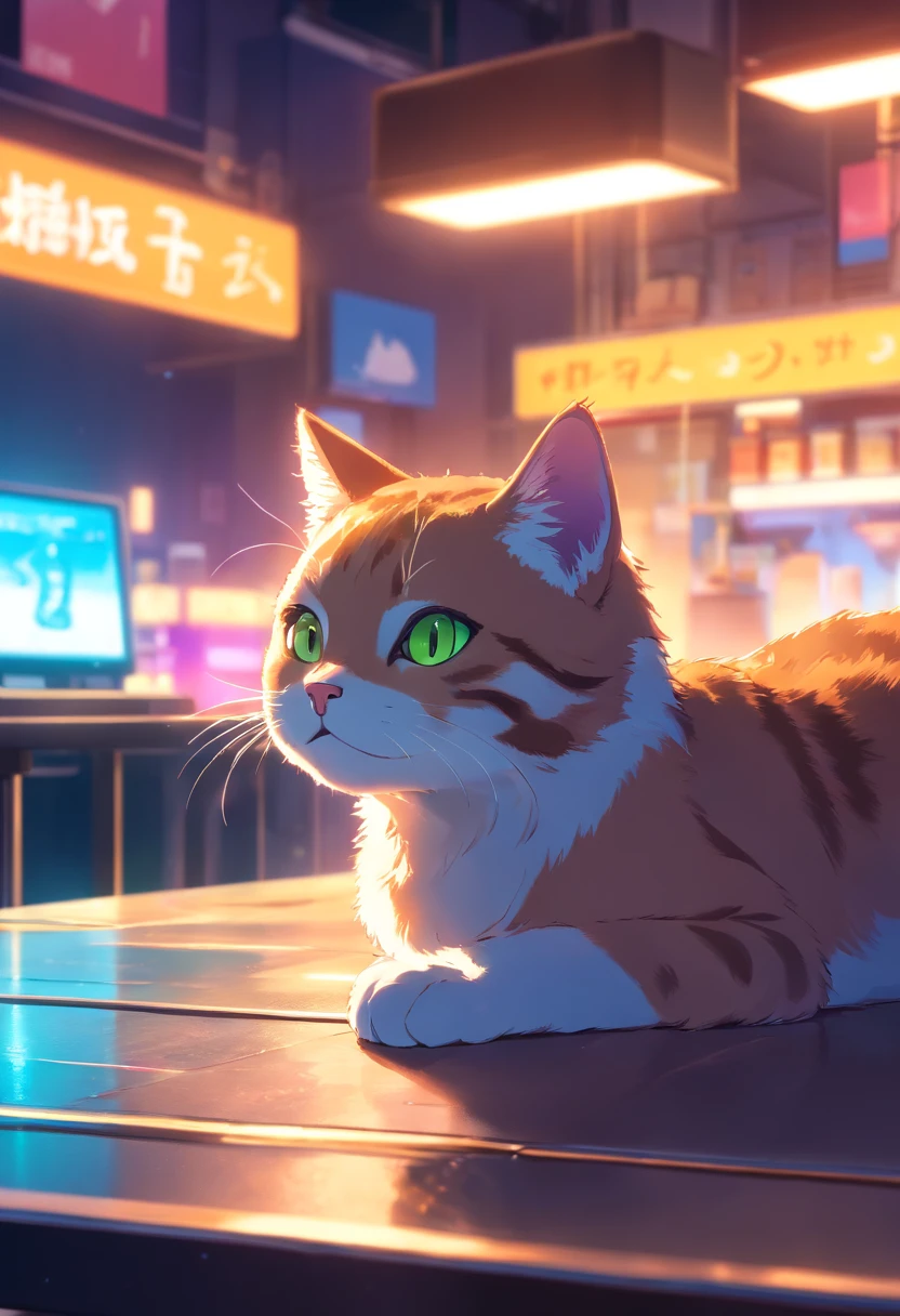 there is a cat that is laying down on a table, bokeh in the background only, neon lights in the background, glowing with colored light, cyberpunk cat, shot on sony a 7 iii, taken with sony alpha 9, captured on canon eos r 6, photo taken with sony a7r, beautiful neon cats, cat with laser eyes, photo of a cat