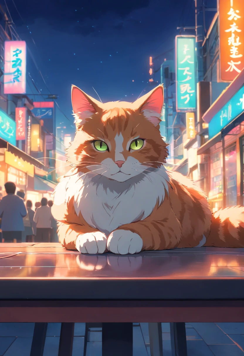 there is a cat that is laying down on a table, bokeh in the background only, neon lights in the background, glowing with colored light, cyberpunk cat, shot on sony a 7 iii, taken with sony alpha 9, captured on canon eos r 6, photo taken with sony a7r, beautiful neon cats, cat with laser eyes, photo of a cat