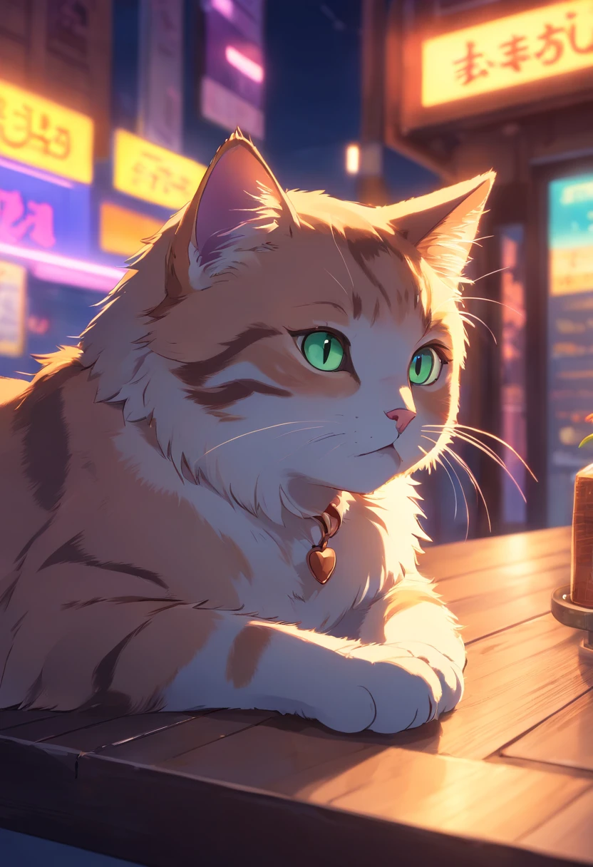 there is a cat that is laying down on a table, bokeh in the background only, neon lights in the background, glowing with colored light, cyberpunk cat, shot on sony a 7 iii, taken with sony alpha 9, captured on canon eos r 6, photo taken with sony a7r, beautiful neon cats, cat with laser eyes, photo of a cat