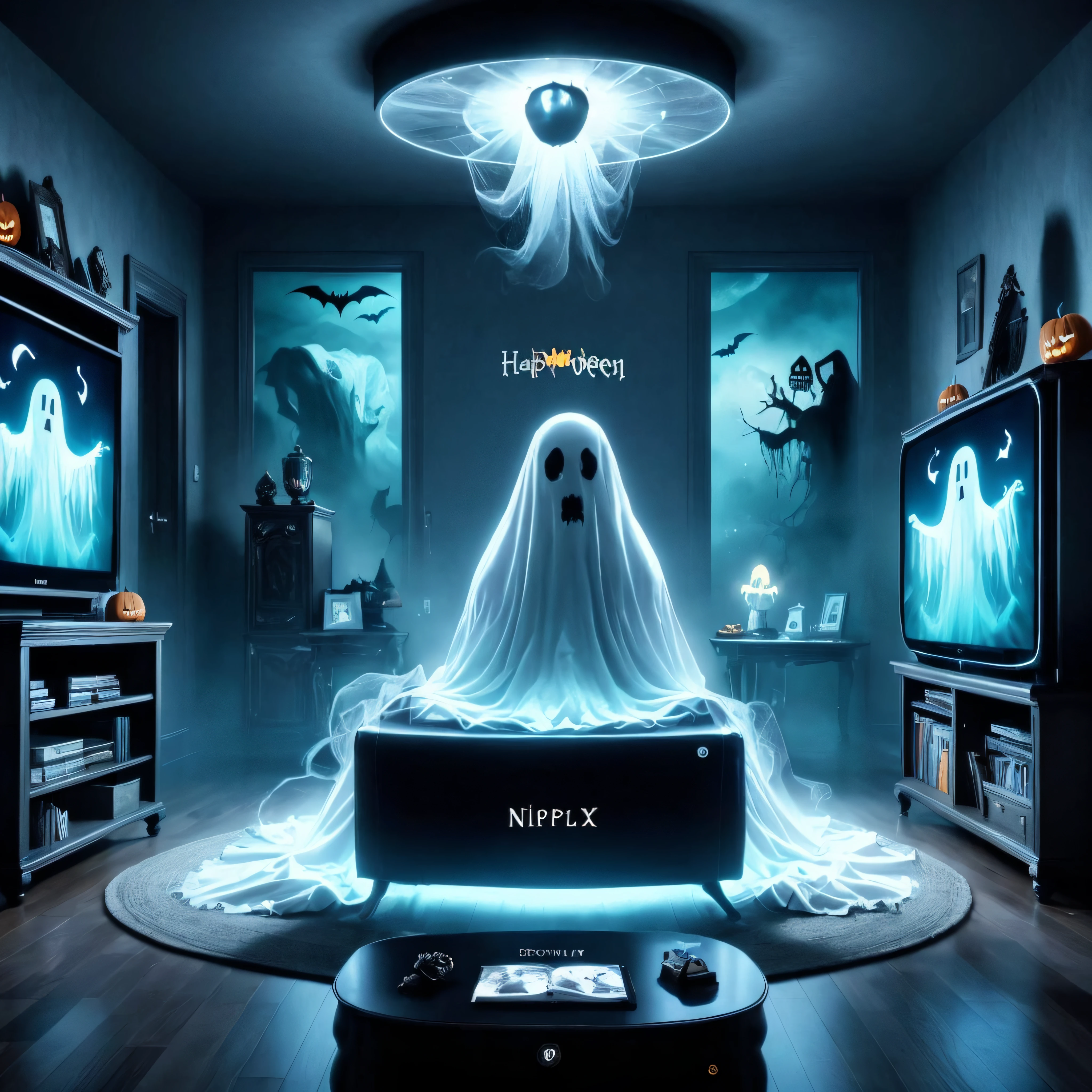 ethereal fantasy concept art of  a ghost sitting in a living room with a tv, halloween atmosphere, spooky and scary atmosphere, halloween wallpaper with ghosts, halloween scene, ghosts theme, in a halloween style, hyperreal highly detailed 8 k, spooky halloween theme, cute funny ghost, halloween theme, ghostly ghost, ghostly teenager bedroom, cute 3 d render, spooky netflix still shot, haunted house themed . magnificent, celestial, ethereal, painterly, epic, majestic, magical, fantasy art, cover art, dreamy