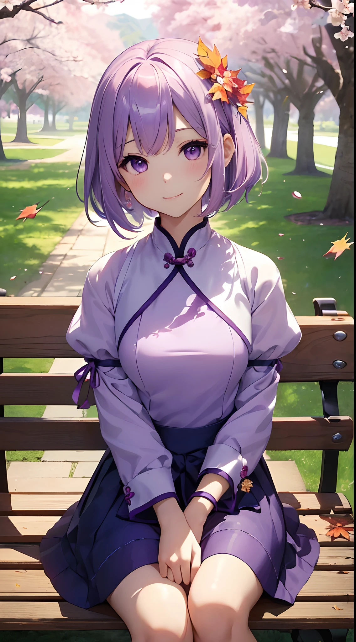 top-quality、Top image quality、masterpiece、girl with((18year old、Blue cheongsam、Best Bust、Bust 90、Yuzuki Yukari、love you、Looking at the camera、Beautiful purple eyes、Light lilac hair、short-hair、open chest wide、Valley、Happiness、A slender、ssmile,Cherry Blossom Hair Ornament、sit on a bench、During sleep、))hiquality、Beautiful Art、Background with((Park of autumn leaves))、masutepiece、Elaborate design、visualart、