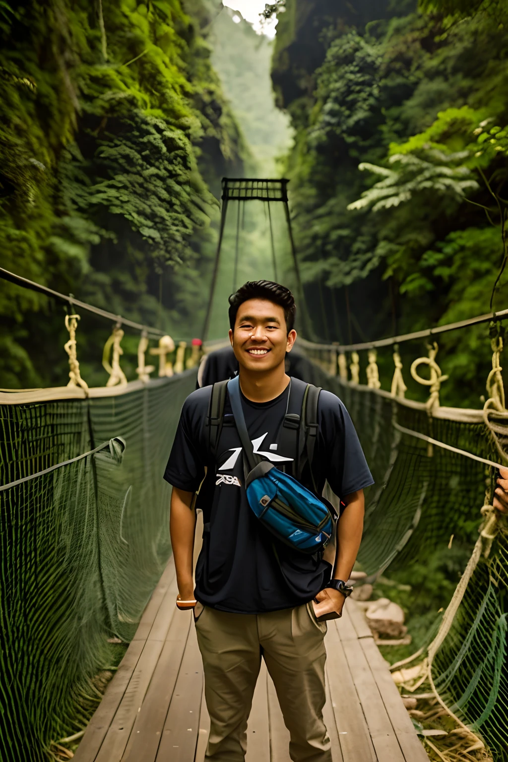 arafed man standing on a bridge with a backpack on his shoulder, connected with hanging bridge!!, hanging bridge!!, standing on a bridge, suspended bridge!, on a bridge, in front of a forest background, rope bridge, in jungle, sky bridge, inspired by Bohumil Kubista, student, rope bridges, amidst nature, ramil sunga