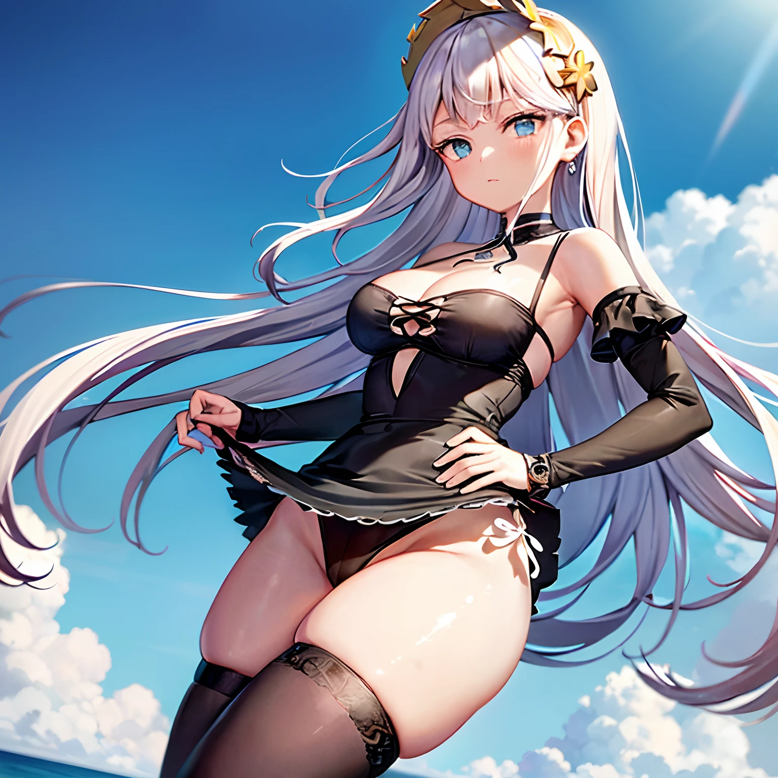 obra-prima, melhor qualidade, Altas, mimosa (Black Clover), 1girl, joias, large and single thighs, cabelo sobre um olho, diafragma, Saia preta, asymmetrical legwear, camisa rosa, coxas pretas, cinto, minissaia, standingn, tiroteio de cowboy, Elevador de Saia, Calcinha Branca caida