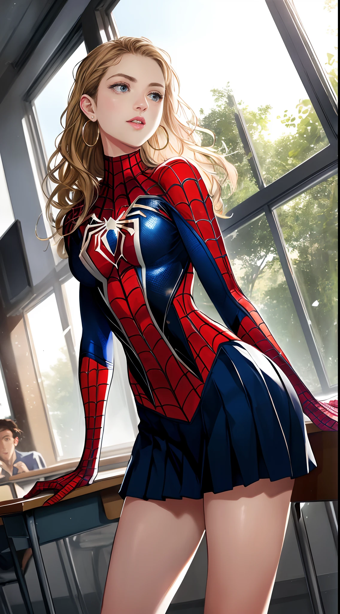 ((Peter Parker in spiderman uniform)), girl body, model body, big blue eyes, small breasts, long legs, medium hoop earrings, spiderman uniform, tiny pleated skirt, low angle shot, skin very white, long hair, wavy hair, blonde hair, school in the forest, classroom, photorealistic, indirect lighting, volumetric light, specular light, ray tracing, hyperdetailed, best quality, ultra-high resolution, HDR, 8k, focus soft mist