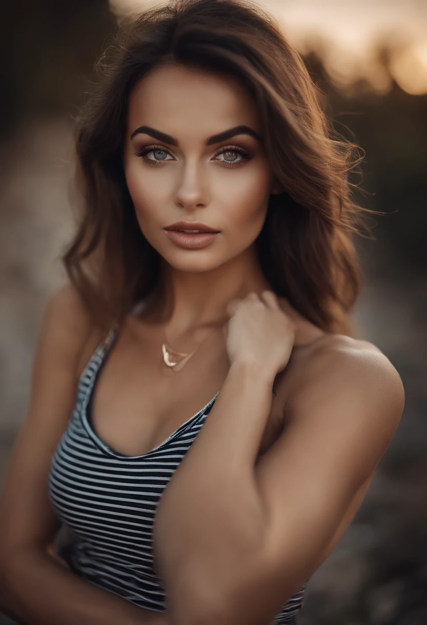 Arafed woman with a white tank top and necklace, fille sexy aux yeux verts, Portrait Sophie Mudd, cheveux bruns et grands yeux, selfie of a young woman, Yeux de chambre, Violet Myers, sans maquillage, maquillage naturel, looking straight at camera, Visage avec Artgram, Maquillage subtil, Superbe photo du corps entier, piercing green eyes, Bel angle, pose attrayante, fille mignonne, sexy pose, Image du corps entier, corps entier, Prise de vue du corps entier, brunette goddess, High detail, pose satisfaite, Pantalon en cuir, visag epetit