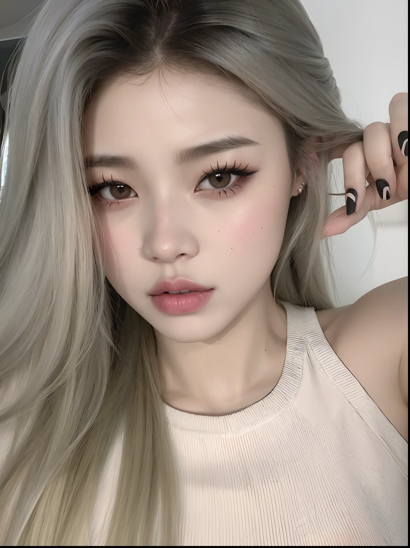 Hay una mujer con el pelo largo y un collar en el cuello, ulzzang, maquillaje popular de Corea del Sur, Sakimichan, maquillaje coreano popular, Chica coreana, Wan adorable cara coreana, 🤤 girl portrait, Hermosa mujer surcoreana, Heonhwa Choe, Hermosa joven coreana, Rasgos de la cara coreana, Cara sexy con maquillaje completo, cruel korean goth girl