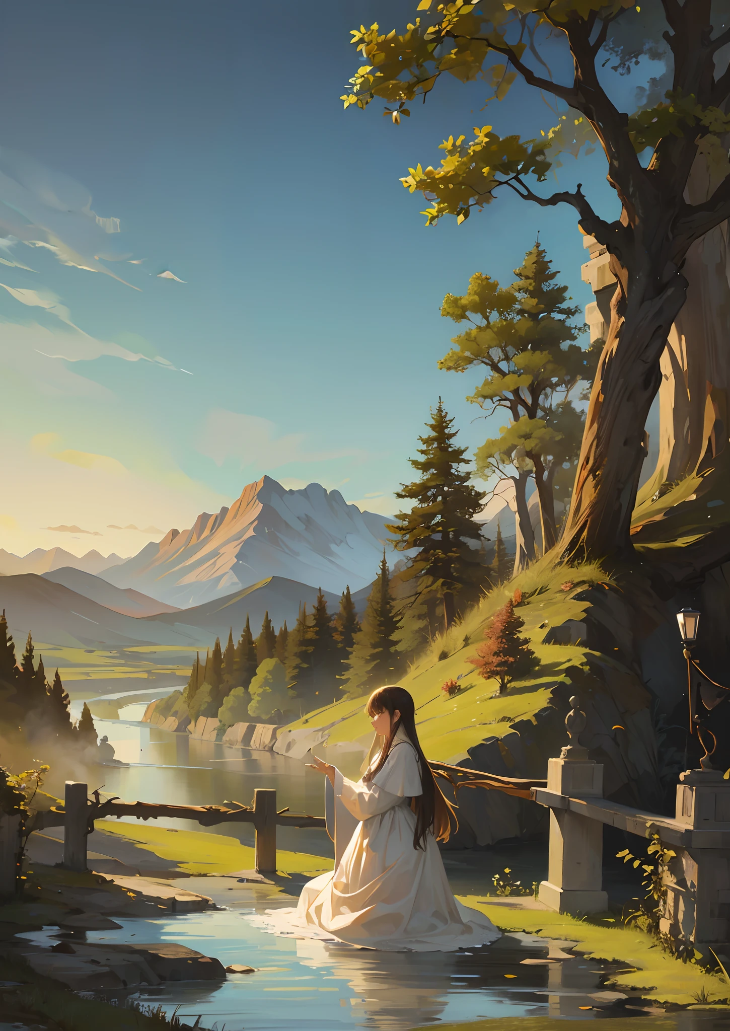 A simple and beautiful landscape painting, based on "dead vines, old trees, faint crows, small bridges and flowing water", the picture shows the ancient road and thin horse in the distance, the sunset is west, gradually disappearing between the mountains and forests, making people feel a feeling of a broken intestine in the end of the world. The picture is rich in details, the image is full of color, the overall atmosphere is poignant and far-reaching, and the poetry and painting reflect each other, full of literary artistic conception.