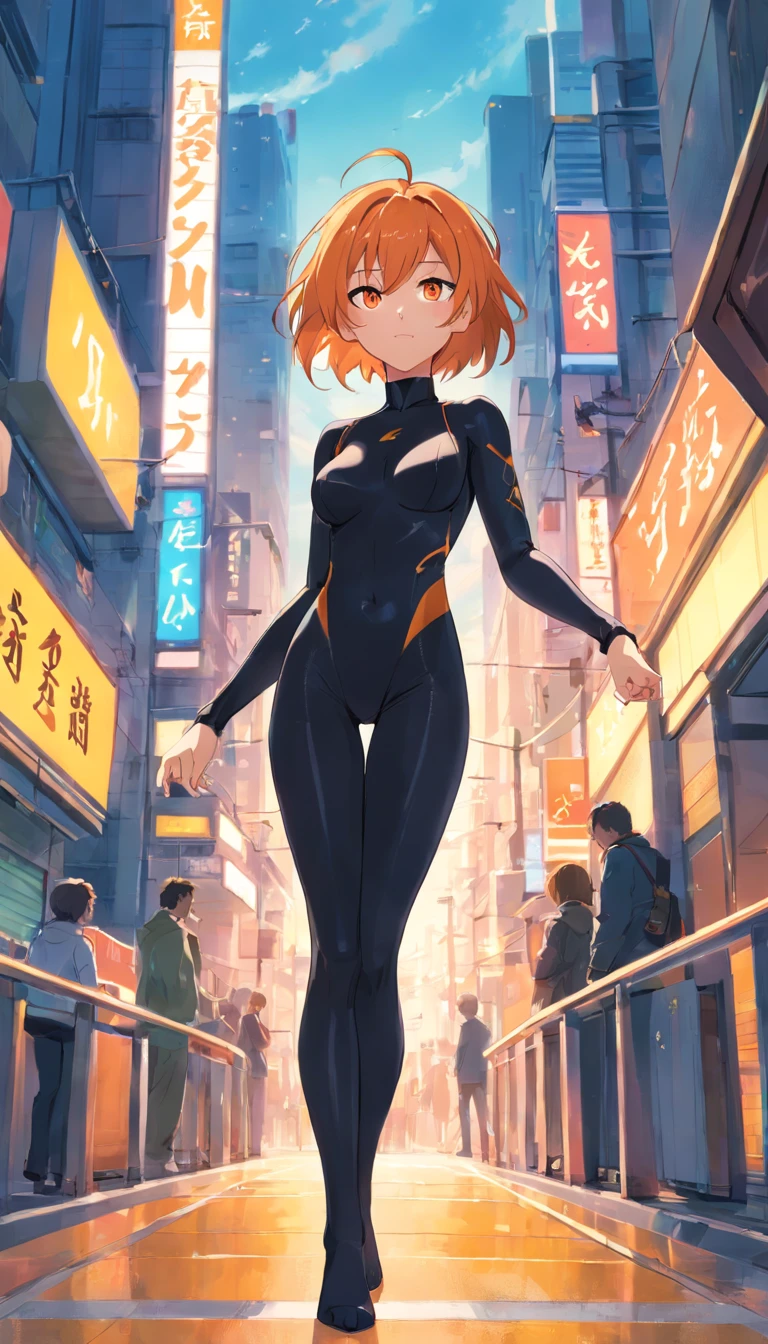 1 female、Orange hair、huge tit、Big ass、Black catsuit、yellow eyes、thick and large thighs,、Short Bob