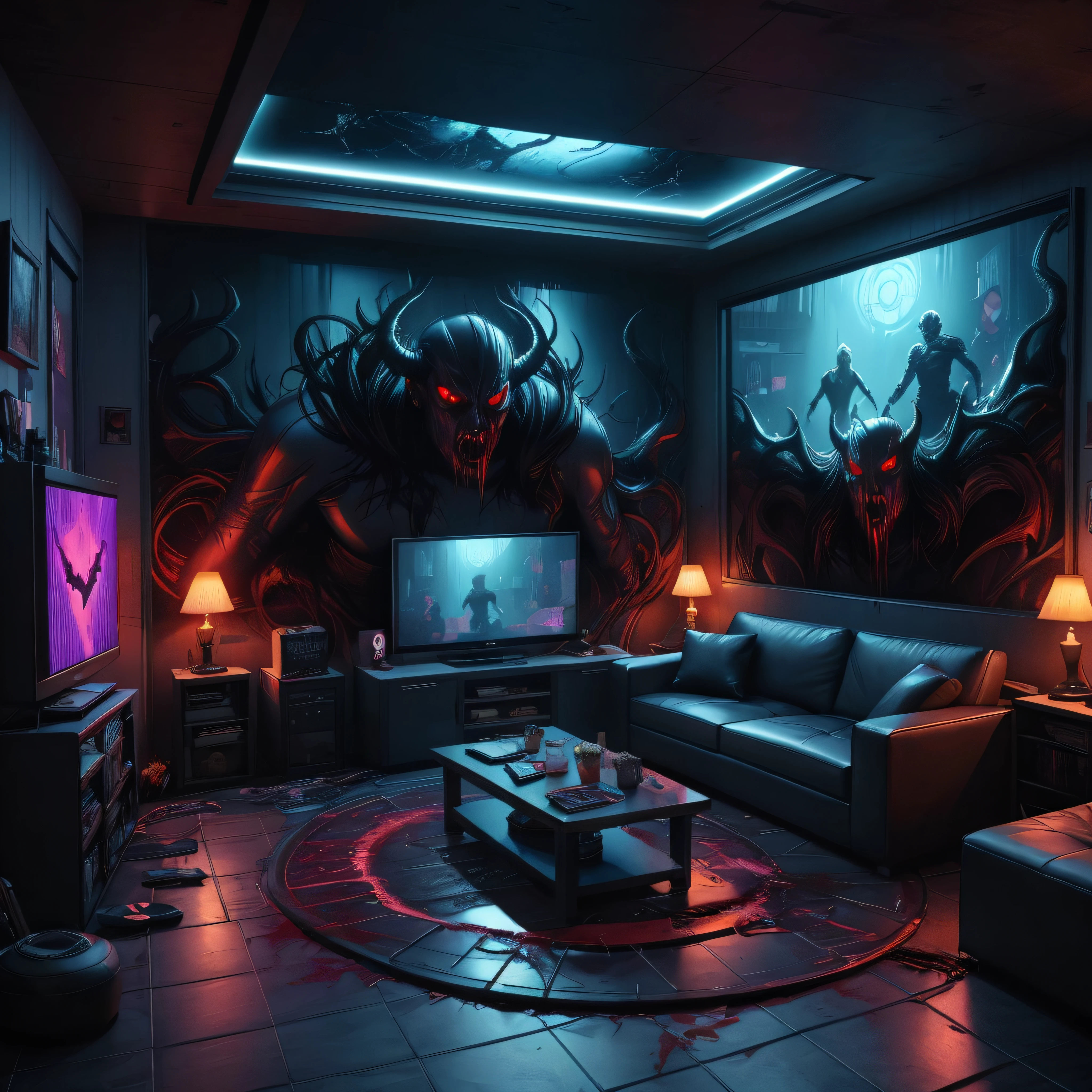 comic a living room with a lot of blood and demons, cyberpunk horror style, cyberpunk apartment, the cyberpunk apartment, cyberpunk teenager bedroom, hyper-realistic cyberpunk style, in a cyberpunk themed room, hyperrealistic nightmare scene, 3 d render beeple, detailed 4k horror artwork, digital horror artwork, cyberpunk interior, dystopian city apartment, digital art 4k unsettling . graphic illustration, comic art, graphic novel art, vibrant, highly detailed