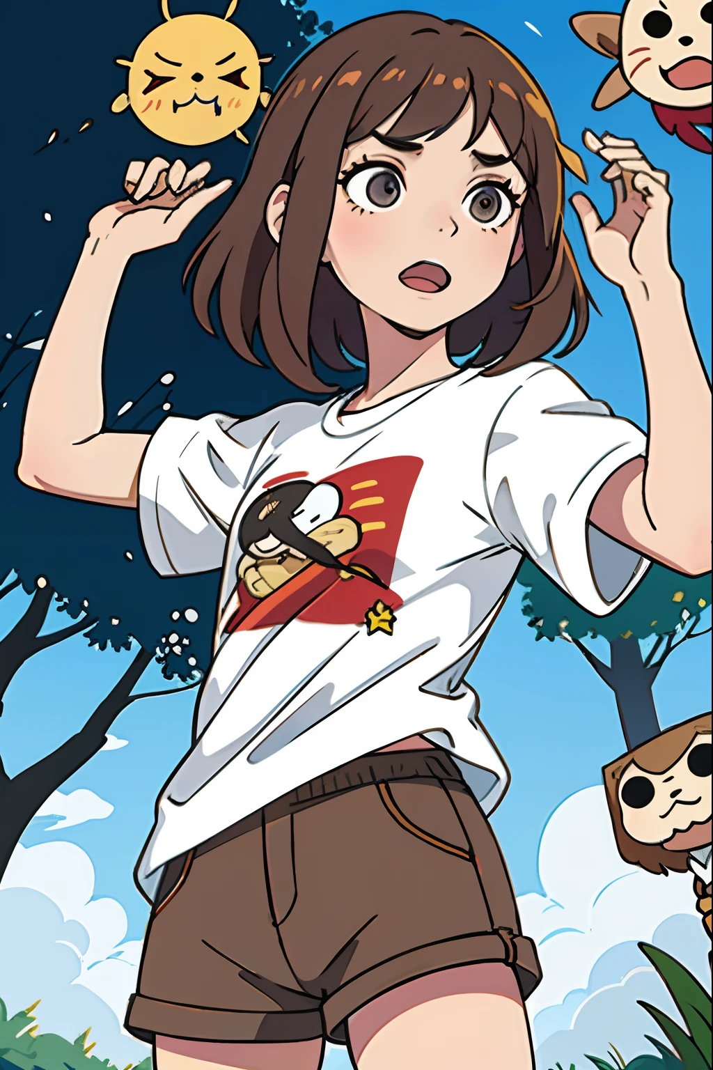 ,La mejor calidad ,pelo largo , Caucasian anime girl max caulfield ,ojos grandes , , brown hair , feliz , , piel suave, , ojos expresivos , , , Camiseta roja de manga larga, short pants , forest