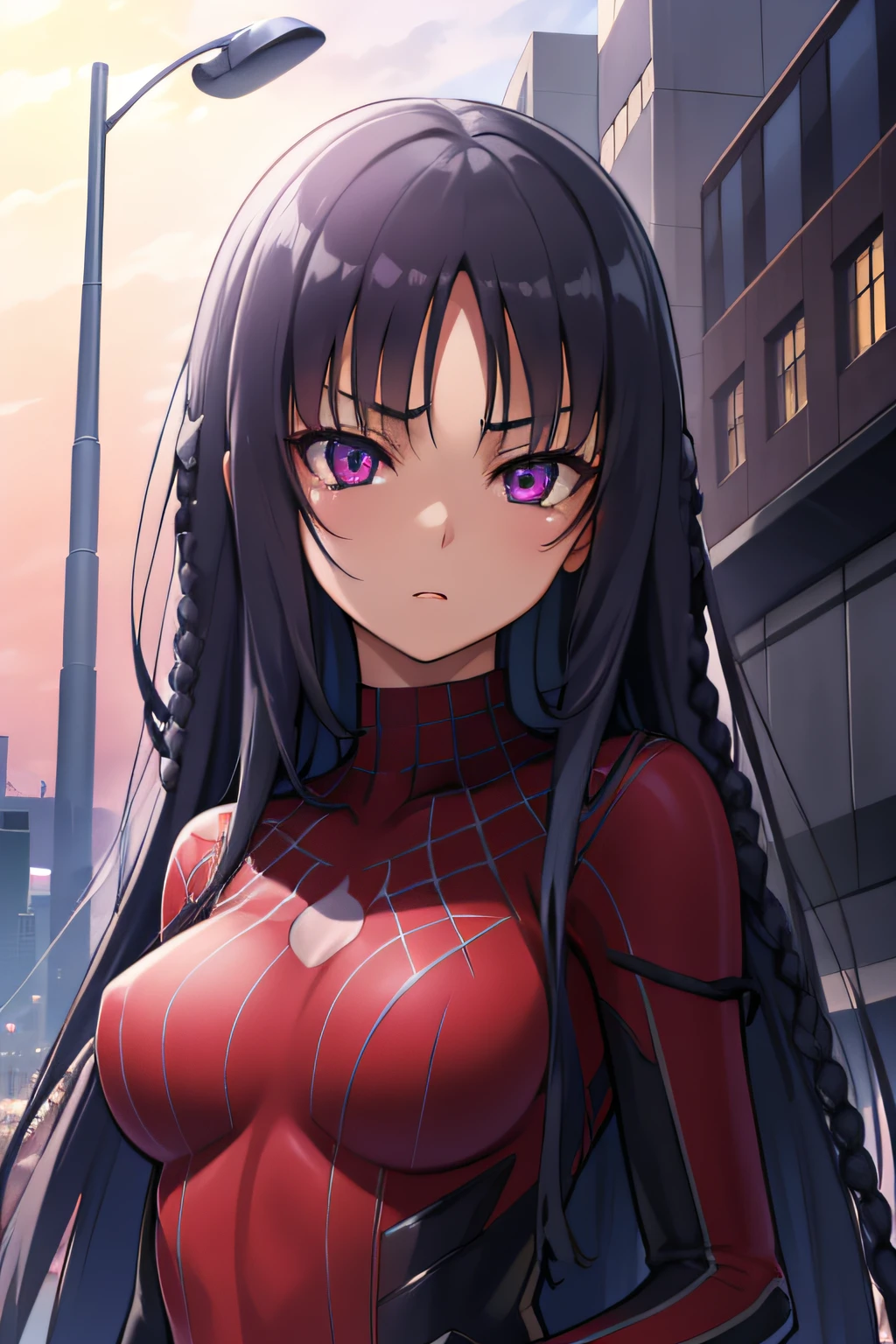 suzunehorikita, suzune horikita, black hair, braid, long hair, purple eyes, in spiderman suit, in the city, best quality, high resolution, unity 8k wallpaper, (illustration:0.8), (beautiful detailed eyes:1.6), extremely detailed face, perfect lighting, extremely detailed CG, (perfect hands, perfect anatomy),