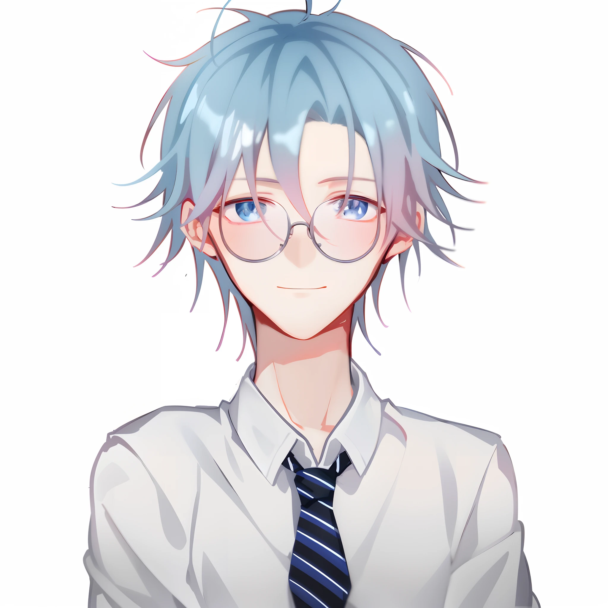 anime boy with blue hair and glasses wearing a tie, 2 d anime style, anime moe artstyle, 2 d anime, tall anime guy with blue eyes, young anime man, [[[[grinning evily]]]], sayori, anime boy, inspired by Okumura Togyu, made with anime painter studio, high quality anime artstyle