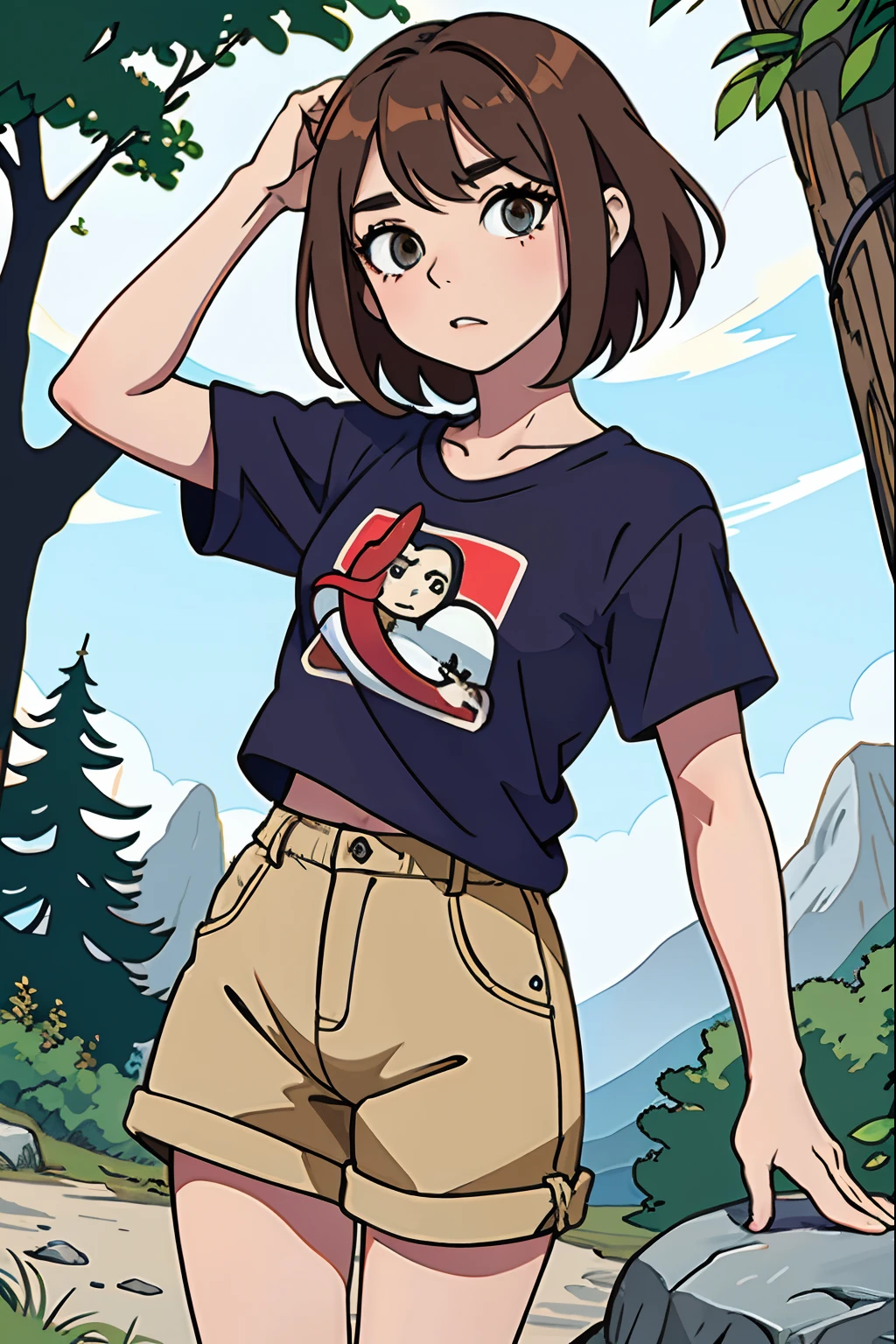 ,La mejor calidad ,pelo largo , Caucasian anime girl max caulfield ,ojos grandes , , brown hair , feliz , , piel suave, , ojos expresivos , , , Camiseta roja de manga larga, short pants , forest