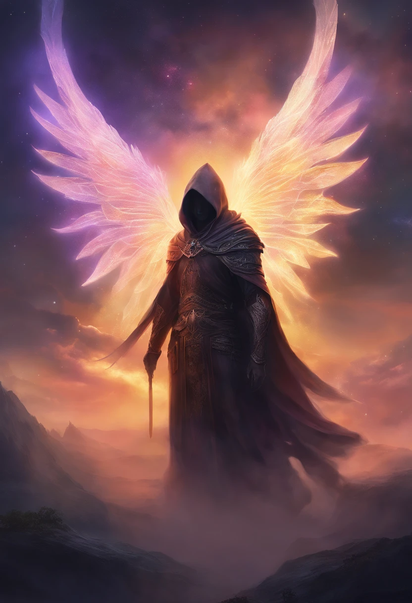 A high-fantasy portrait of a hooded shadowy celestial being with luminous spectral wings that are made of glowing light. He is surrounded by necrotic clouds and mist.