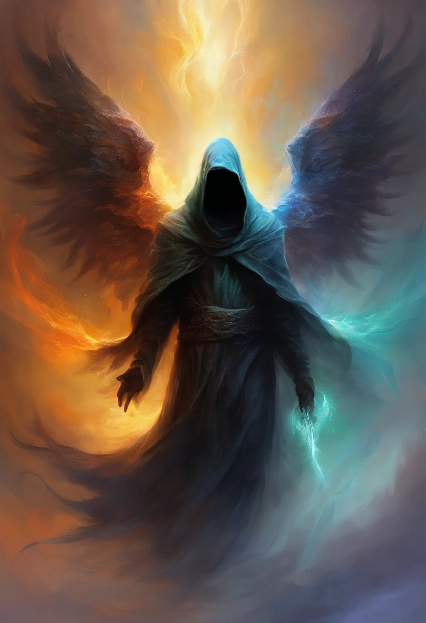 A high-fantasy portrait of a hooded shadowy celestial  being with luminous spectral wings that are made of glowing light. He is surrounded by necrotic clouds and mist.