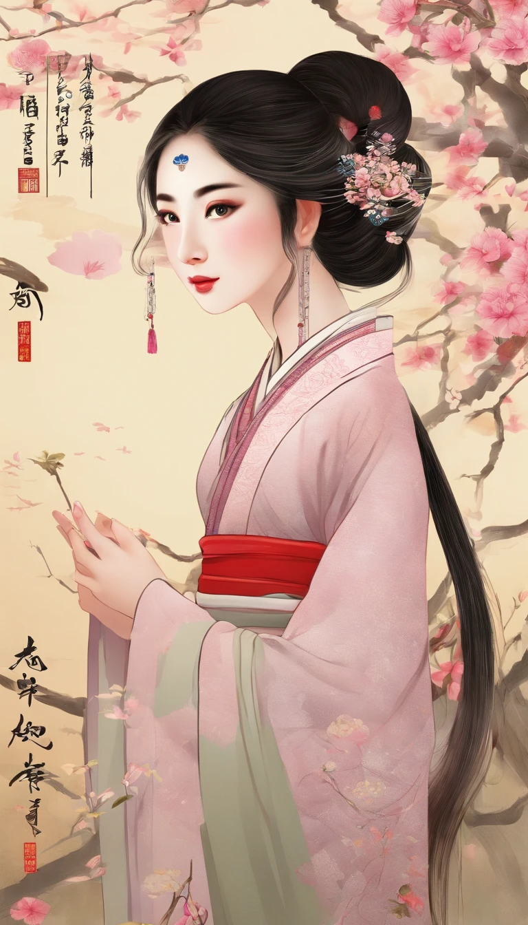 beautiful detailed eyes,beautiful detailed lips,extremely detailed eyes and face,longeyelashes,1girl,traditional Chinese attire,serene expression,holding an elegant fan,background adorned with intricate pavilions and delicate flowers,sunshine filtering through the willow branches,medium:traditional Chinese ink painting,ultra-detailed,portraits,vivid colors,subtle pastel tones,soft lighting