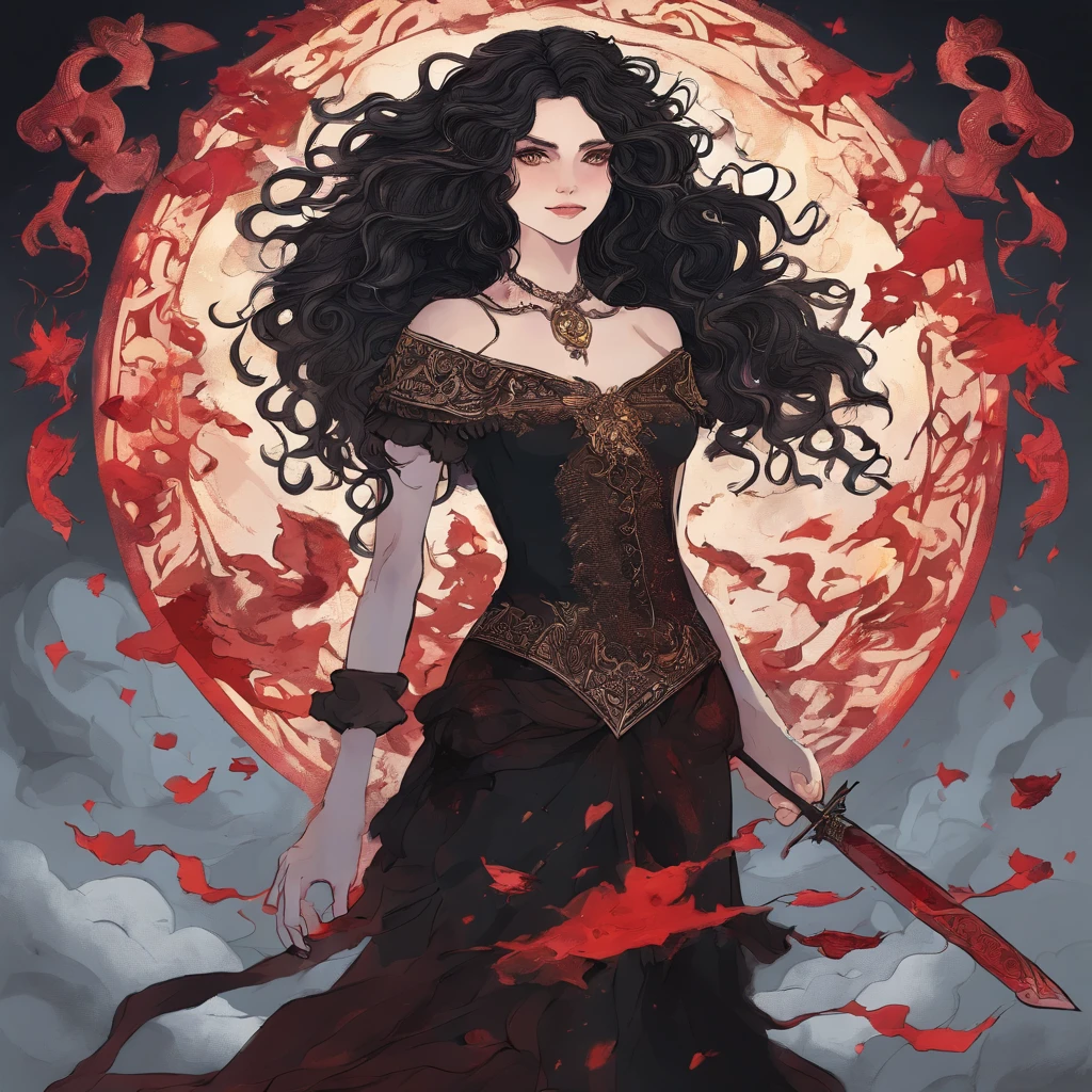 A drawing depicting a girl with long black curly hair, wearing a long black dress decorated with star and moon symbols. She has radiant red eyes and an evil smile. She holds in her hand a long, sharp sword covered in blood. Around them are falling stars, black clouds and shattered solar lamps..