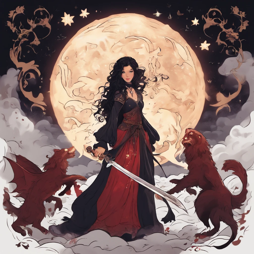 A drawing depicting a girl with long black curly hair, wearing a long black dress decorated with star and moon symbols. She has radiant red eyes and an evil smile. She holds in her hand a long, sharp sword covered in blood. Around them are falling stars, black clouds and shattered solar lamps..