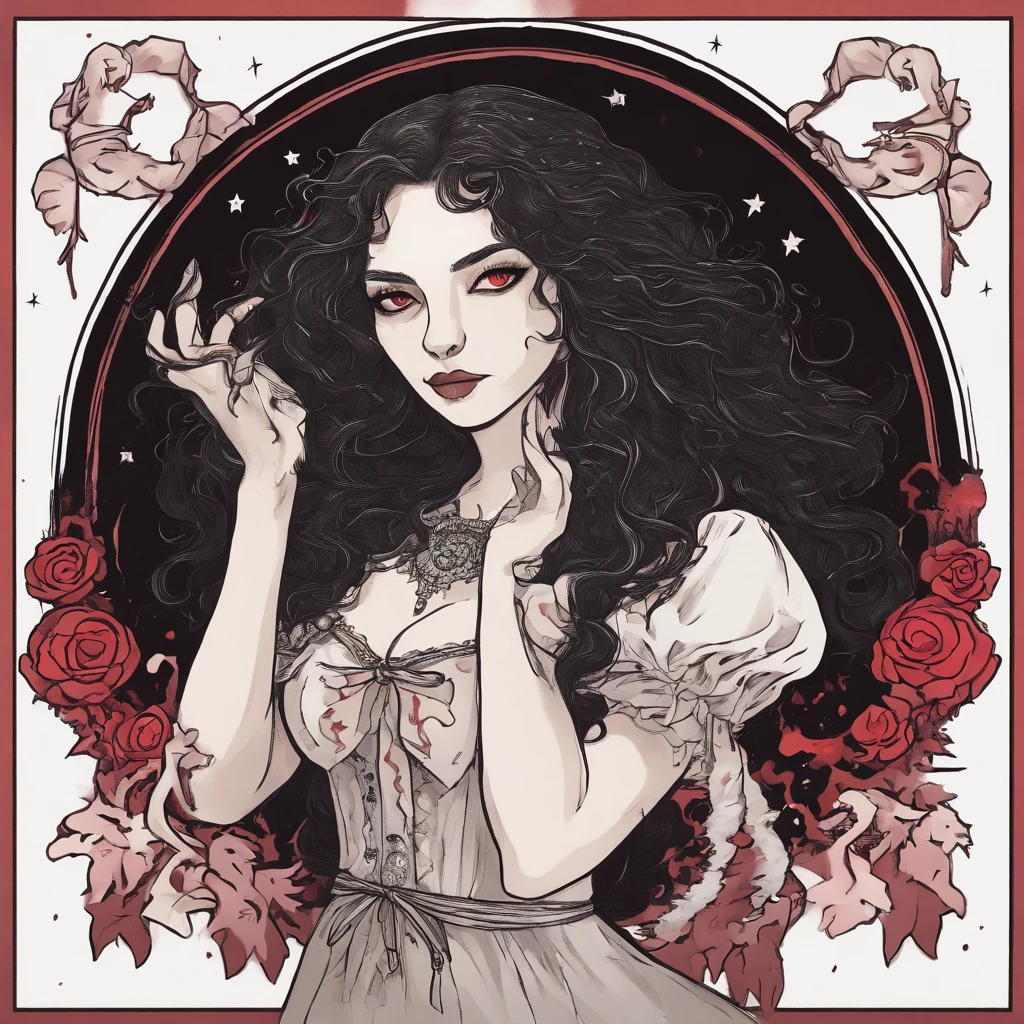 A drawing depicting a girl with long black curly hair, wearing a long black dress decorated with star and moon symbols. She has radiant red eyes and an evil smile. She holds in her hand a long, sharp sword covered in blood. Around them are falling stars, black clouds and shattered solar lamps..