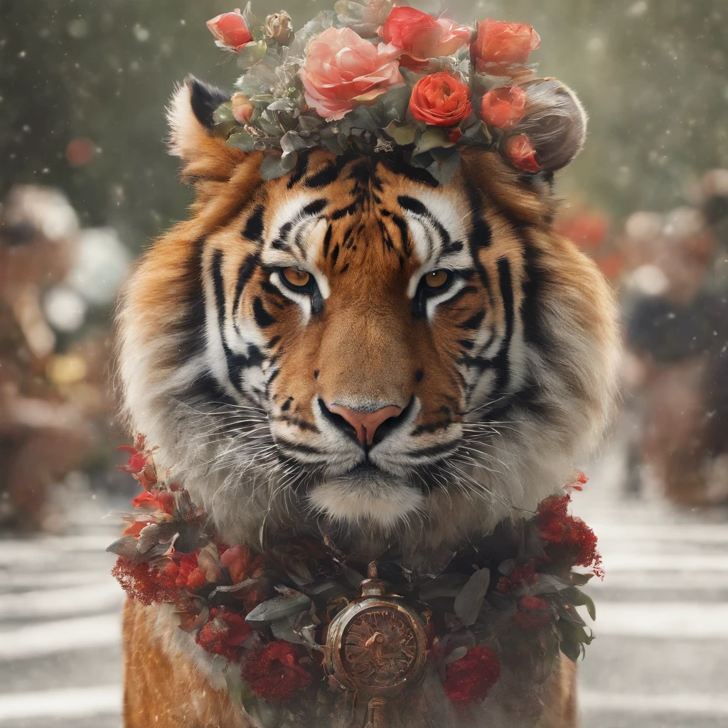 Man Perfect alignment, Cute little tiger wearing a jacket,crystal vases,Rose flower, Wearing sunglasses, cheerfulness, Standing position, Abstract beauty, Centered, Looking at the camera, Facing the camera, nearing perfection, Dynamic, Highly detailed, smooth, Sharp focus, 8K, high definition resolution, illustration, Art by Carne Griffiths and Wadim Kashin, White background